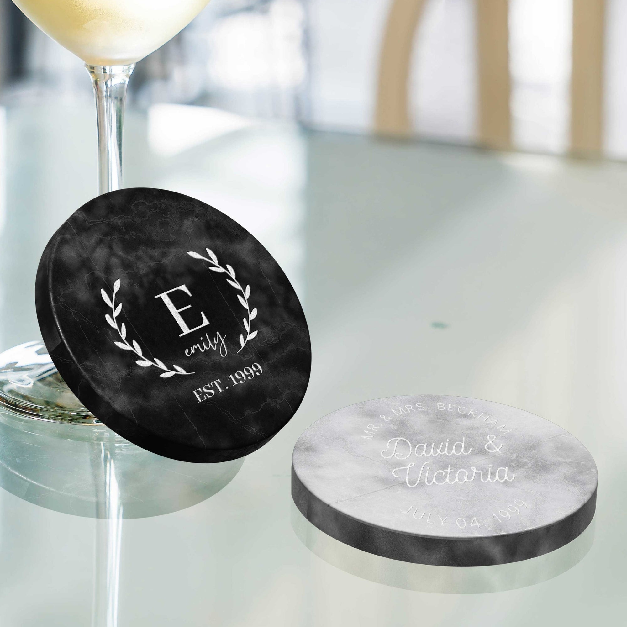 Custom Engraved Round Marble Coaster, Personalised Drink Mat, Wedding Favours/ Anniversary / Housewarming/ Birthday/Teacher/ Corporate Gift