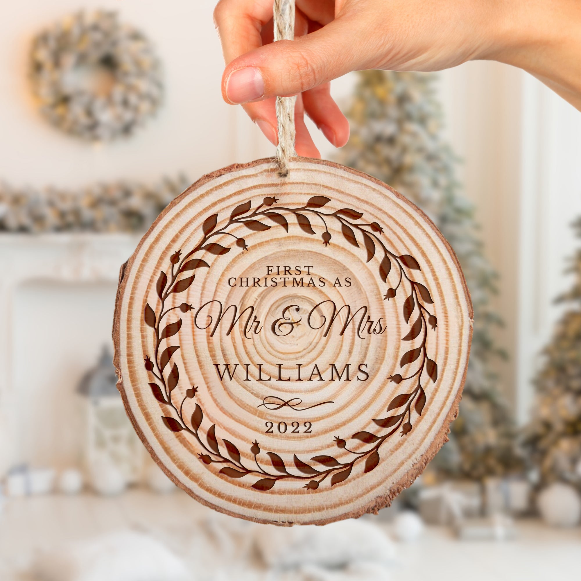 Custom Engraved Christmas Rustic Wood Slice Ornament, Personalised First Engaged Married Wreath Family Hanging Tree Baubles, Decor Gift Tags