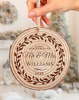 Custom Engraved Christmas Rustic Wood Slice Ornament, Personalised First Engaged Married Wreath Family Hanging Tree Baubles, Decor Gift Tags