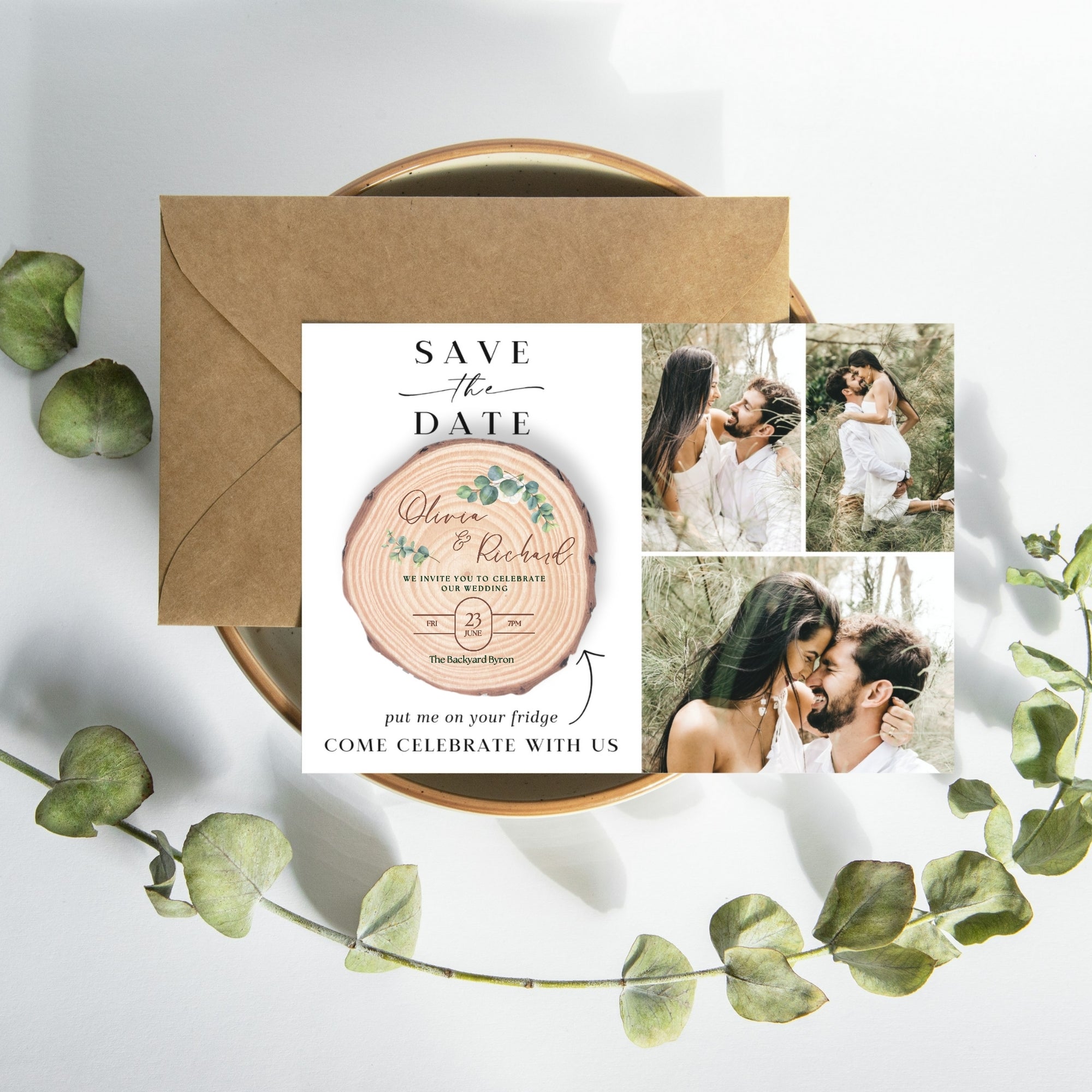 Personalised UV Print Wood Slice Save The Date Fridge Magnet &amp; Invitation Card, Kraft Envelope, Customised Rustic Wreath Wedding Stationery