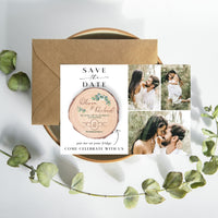 Personalised UV Print Wood Slice Save The Date Fridge Magnet & Invitation Card, Kraft Envelope, Customised Rustic Wreath Wedding Stationery