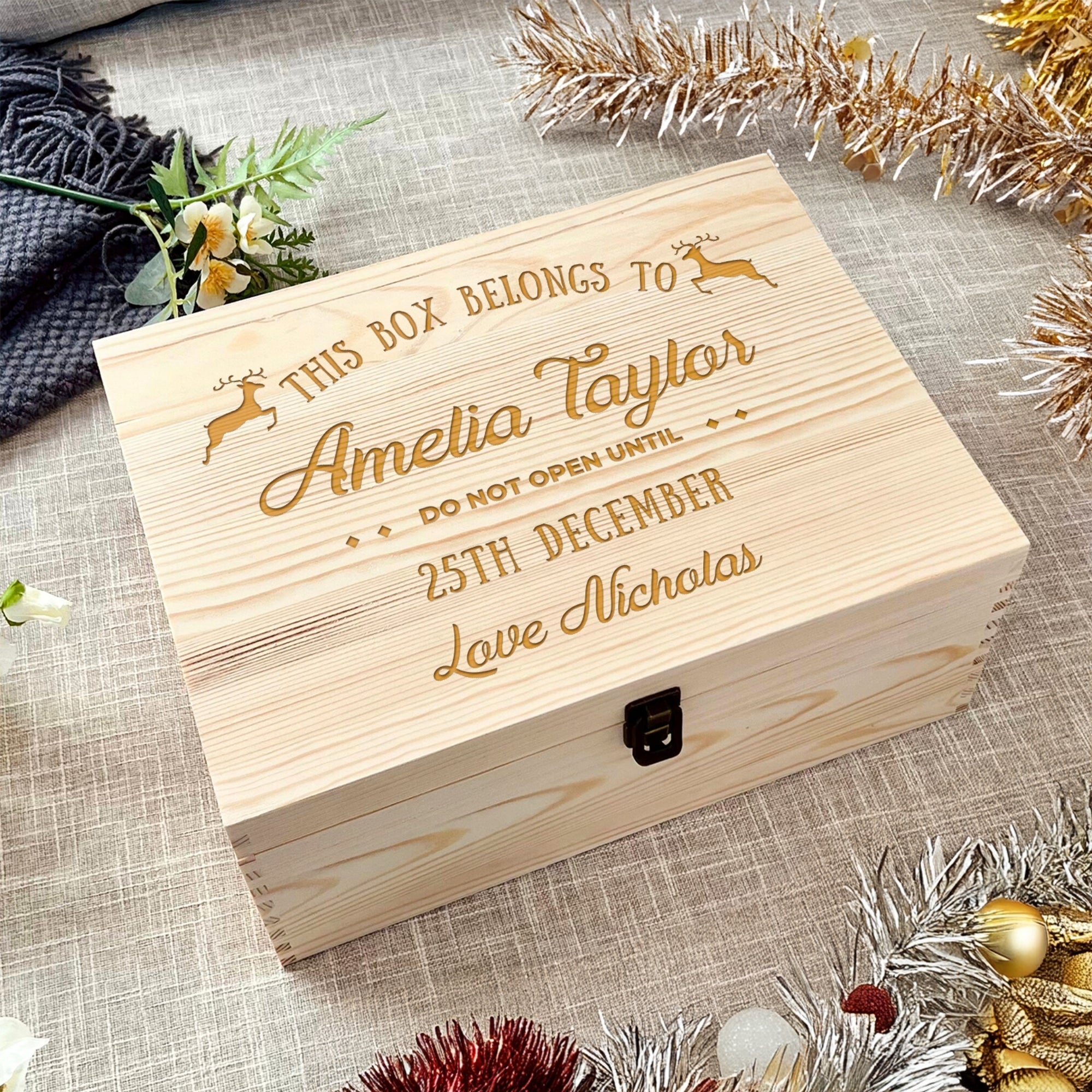 Personalised Wooden Remembering Christmas Eve Box, Custom Engraved Keepsake Treasure Storage, First Xmas as Mr Mrs, New Home, Memorial Santa Gift