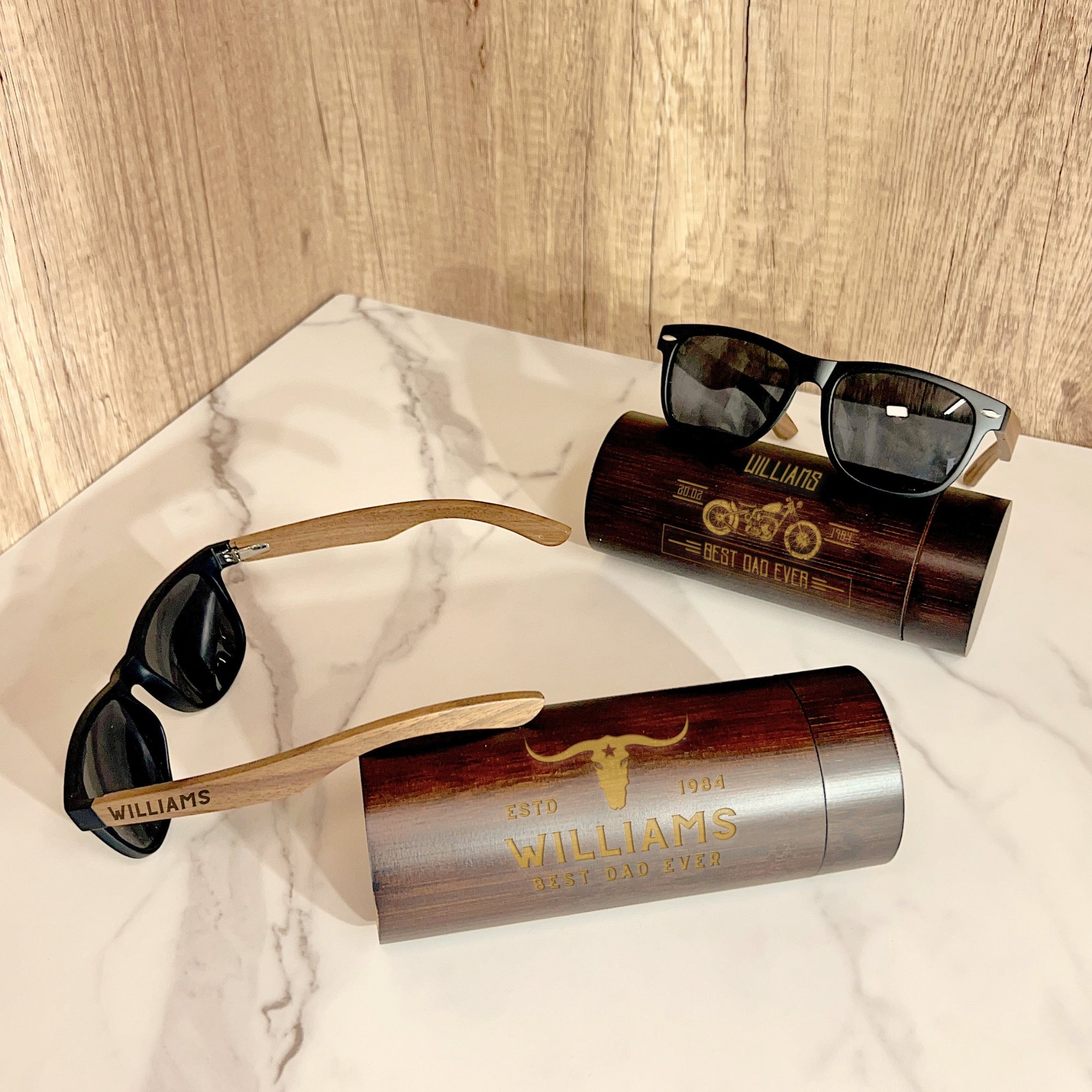 Personalised Wooden Polarised Sunglasses &amp; Walnut Cylinder Box, Custom Engraved Logo Eyeware Glasses Case, Groomsman Dad Gift Wedding Favour