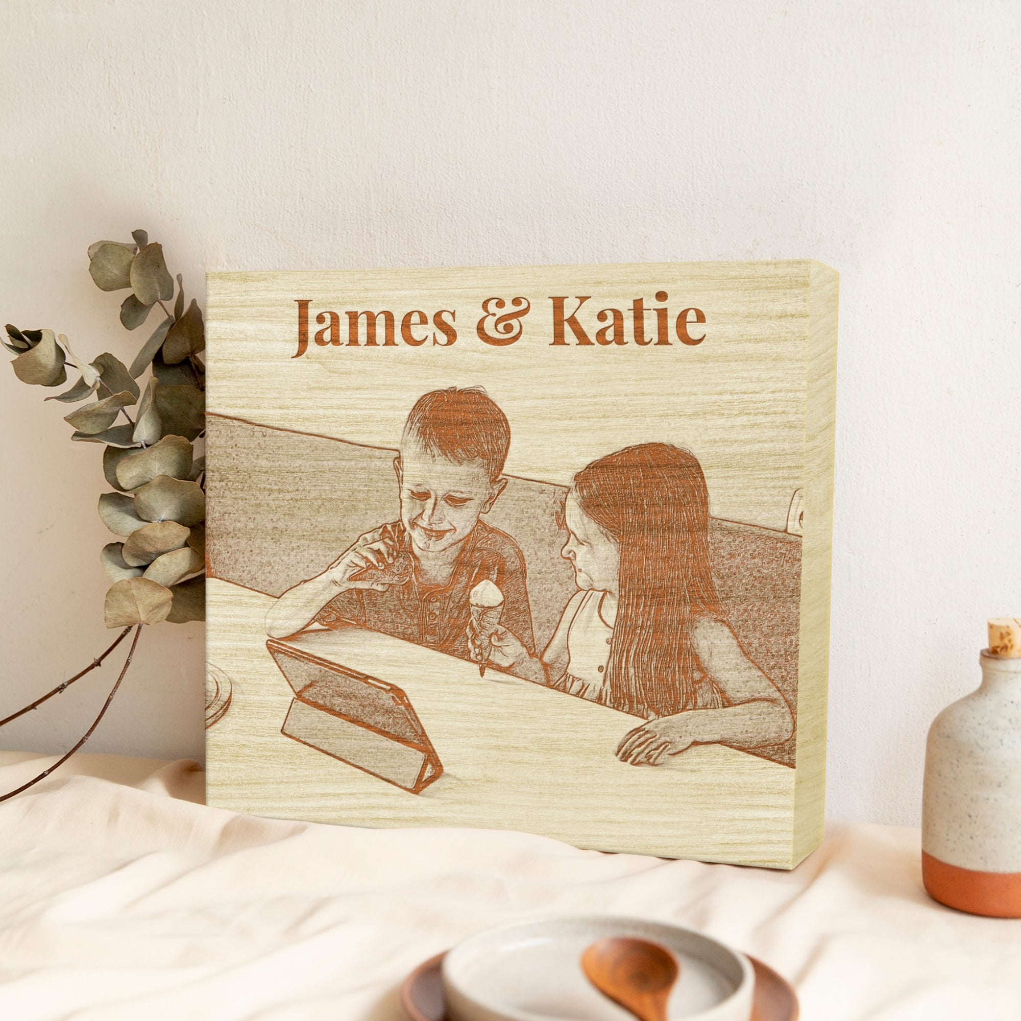 Personalised Wooden Sketch Photo Block, Custom Engraved Freestanding Table Square Display Memory, Image Gallery Wall Decor Housewarming Gift