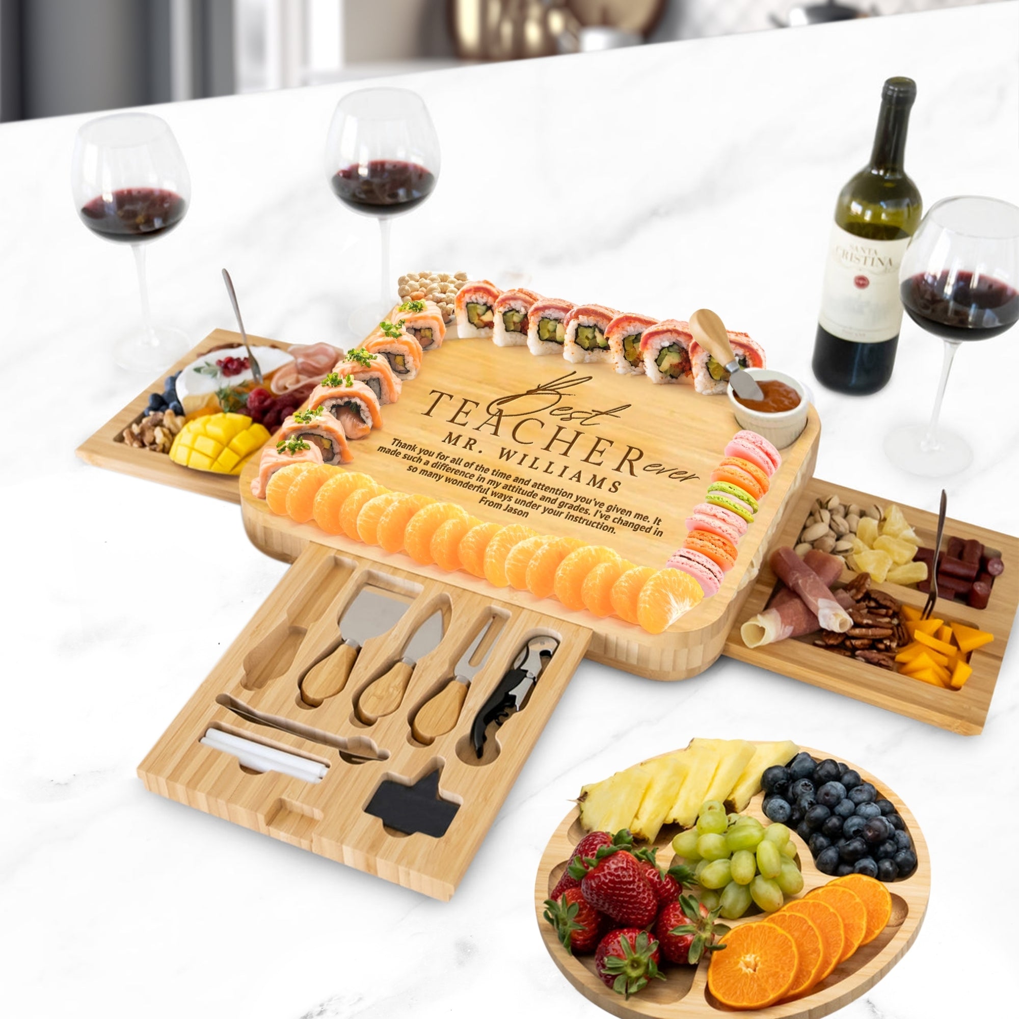 Personalised Bamboo Pull Out 3 Drawer Cheese Board &amp; Knife Tools Set with Fruit Tray, Engraved Wooden Charcuterie Platter, Anniversary Gift