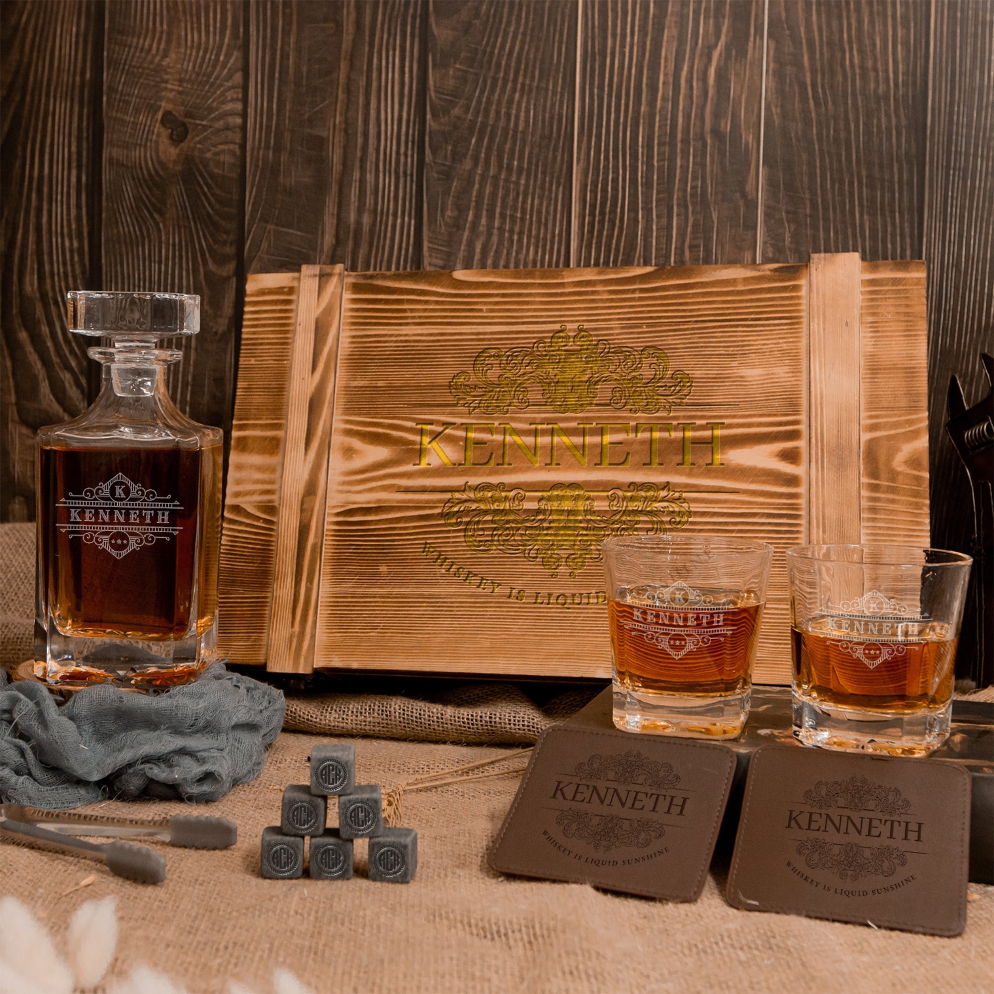 Personalised Army Wood Crate Whiskey Decanter &amp; Glasses Box, Custom Engraved Barware Set, Groomsman Dad, Birthday, Wedding, Corporate Gift