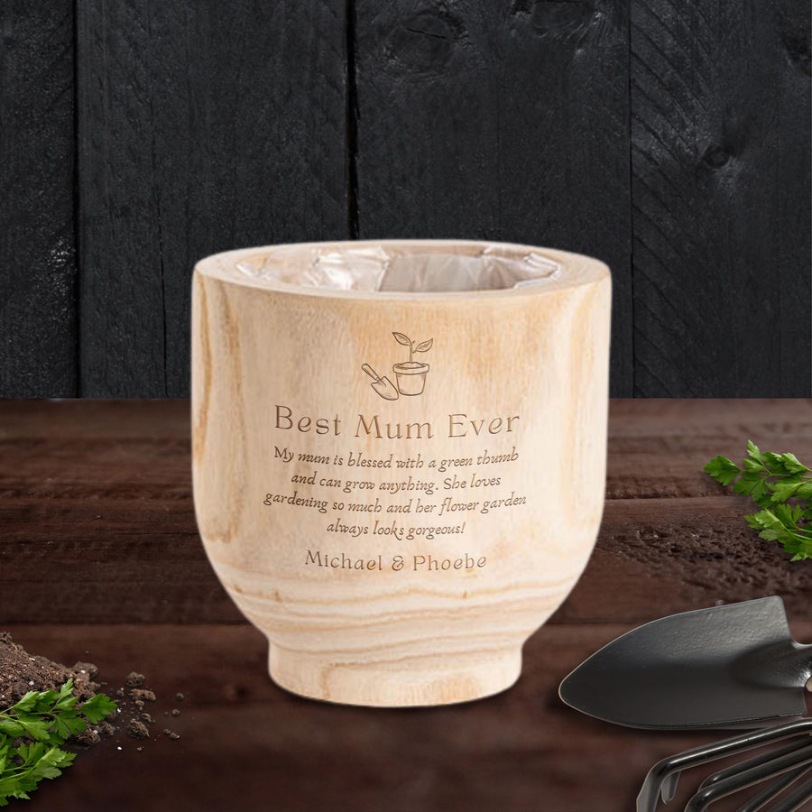 Personalised Small Wooden Cylinder Planter, Engraved Flower Pot, Customised Logo Timber Vase, Memorial, Wedding, Birthday, Anniversary, Housewarming, Mother's Day, Teacher, Nan, Garden Lover's Gift, 