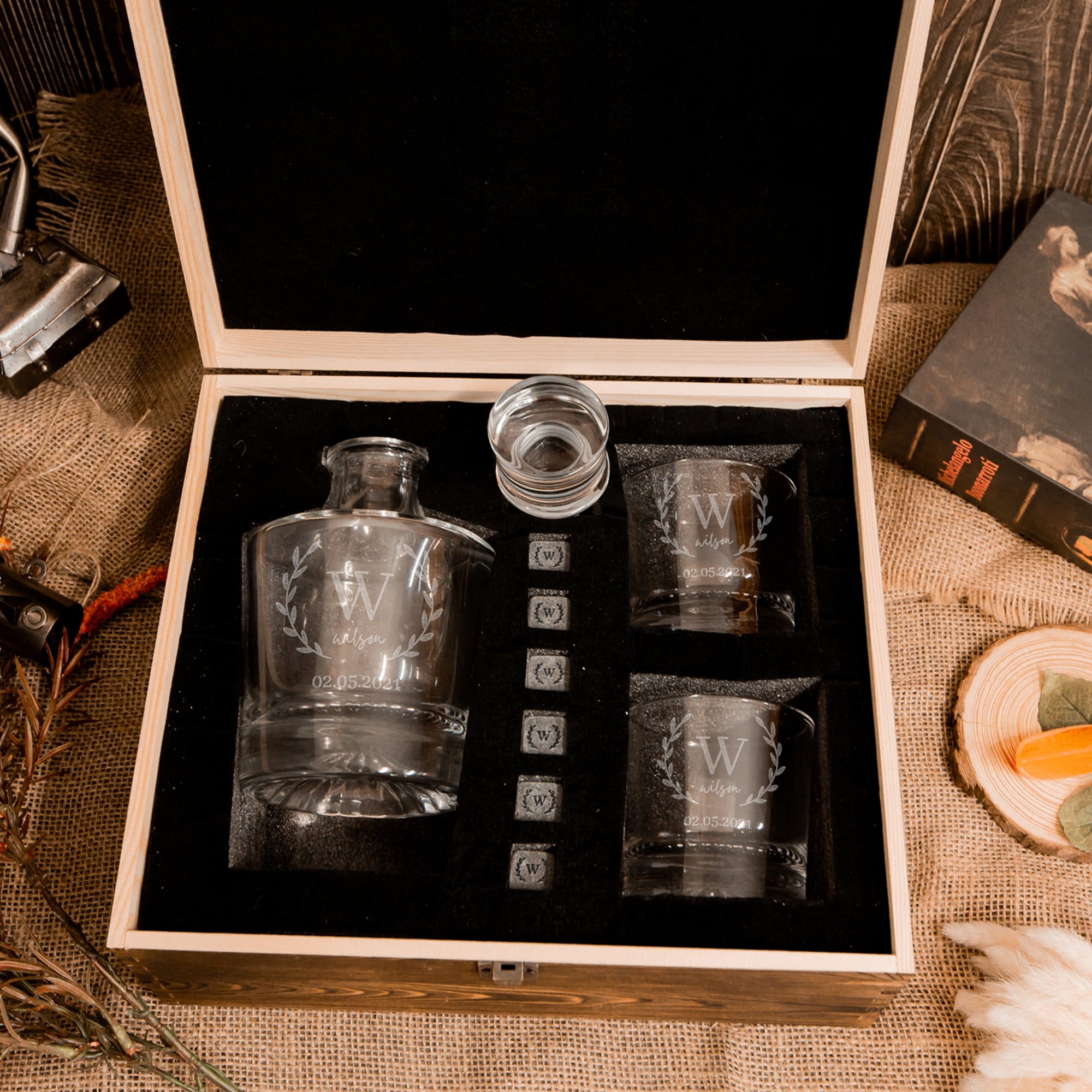 Engraved Whiskey Wooden Box - Round Decanter, 2 Scotch Glasses &amp; 6 Ice Stones Personalised Barware Set Groomsman, Graduate, Anniversary Gift