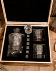 Engraved Whiskey Wooden Box - Round Decanter, 2 Scotch Glasses & 6 Ice Stones Personalised Barware Set Groomsman, Graduate, Anniversary Gift