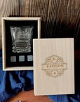 Personalised Wooden Whiskey Gift Box, Prism Bold Cut Glass, Ice Stones, Coaster, Custom Engraved Barware Set, Groomsman, Dad, Corporate Gift