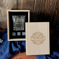 Personalised Wooden Whiskey Gift Box, Prism Bold Cut Glass, Ice Stones, Coaster, Custom Engraved Barware Set, Groomsman, Dad, Corporate Gift