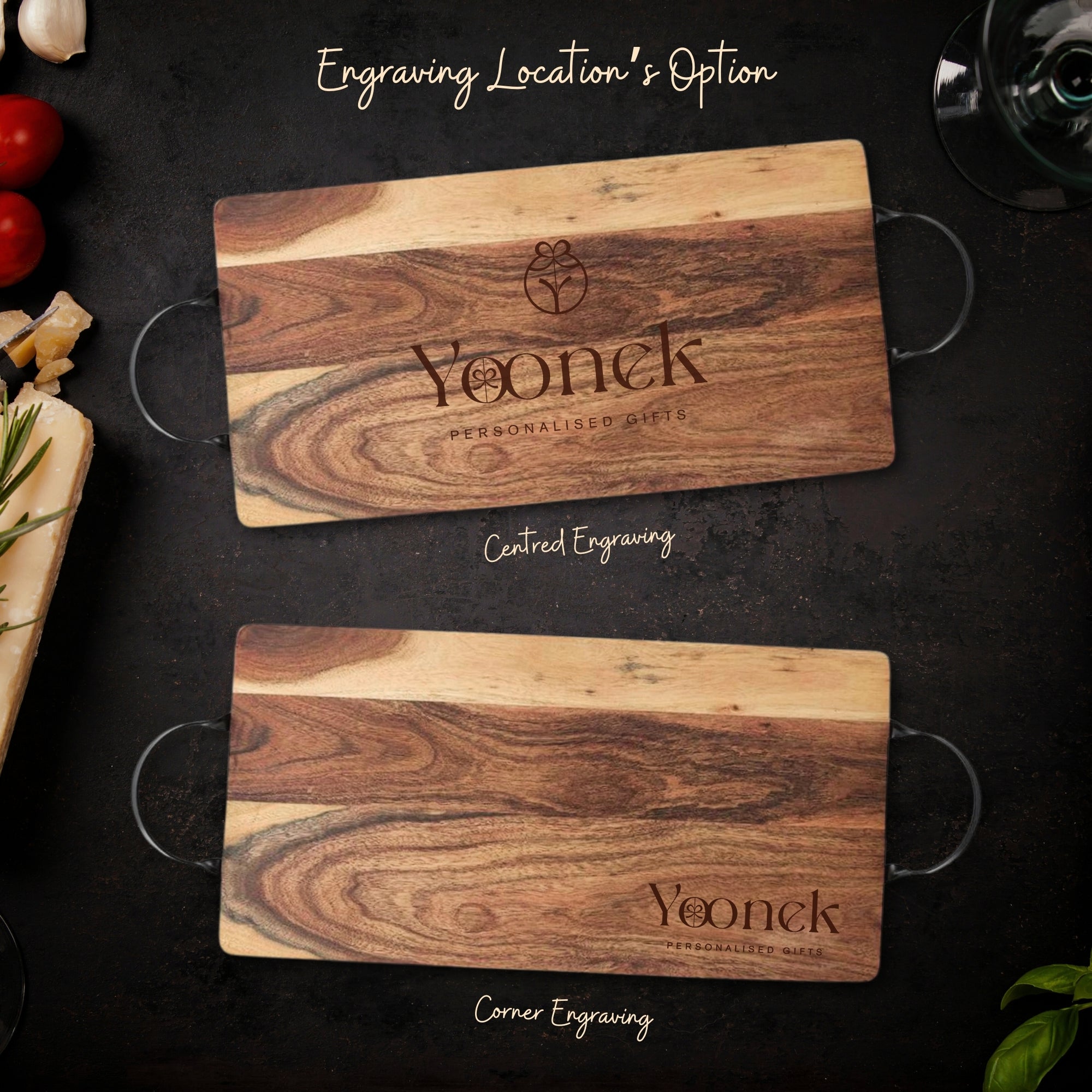 Personalised Acacia Serving Board &amp; Iron Handles, Charcuterie, Cheese/ Chopping Cutting Board, Custom Engraved Anniversary Housewarming Gift