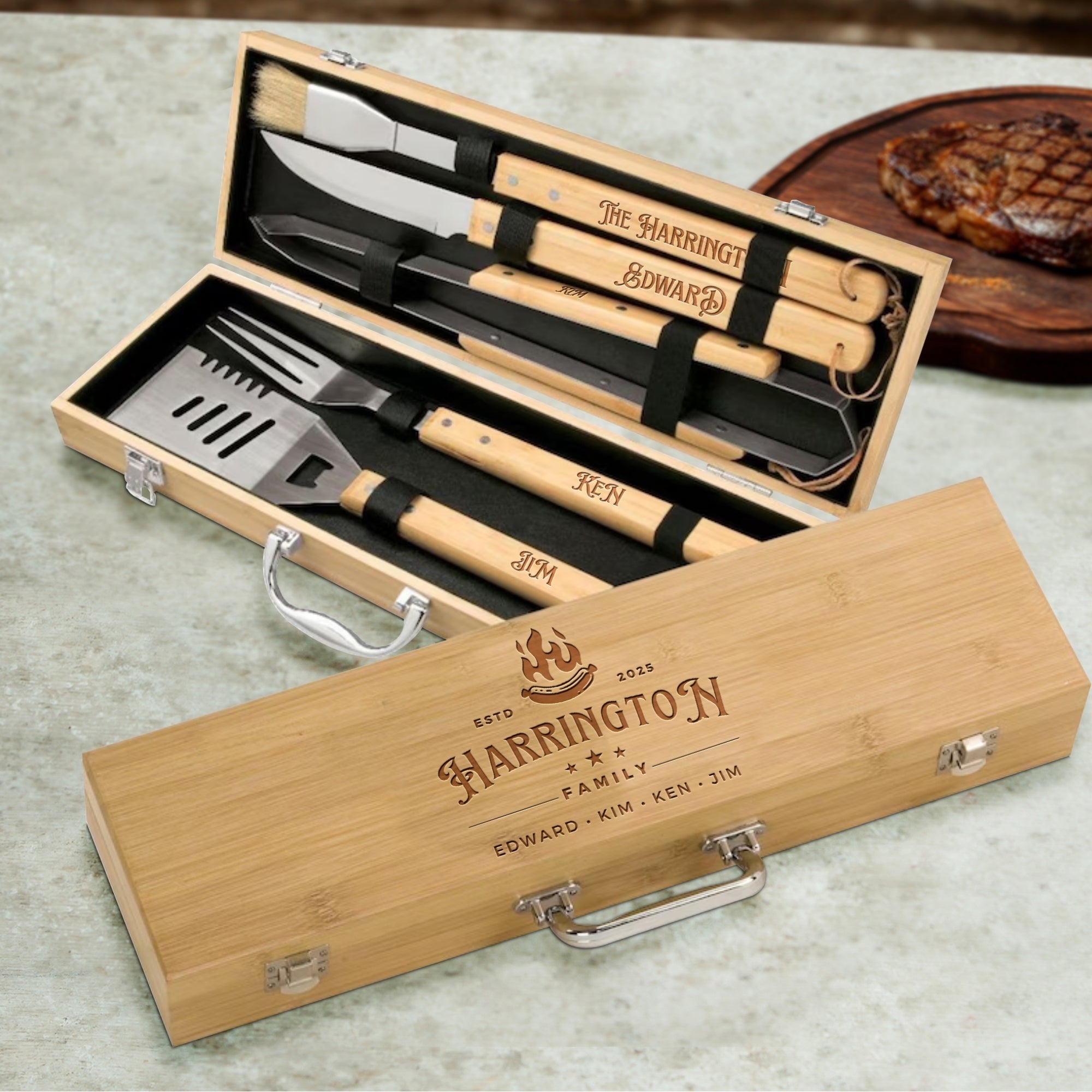 Personalised Bamboo BBQ Tools & Box Set, Custom Engraved Barbecue Utensils Case, Grill Master, Groomsman, Dad, Housewarming, Corporate Gift