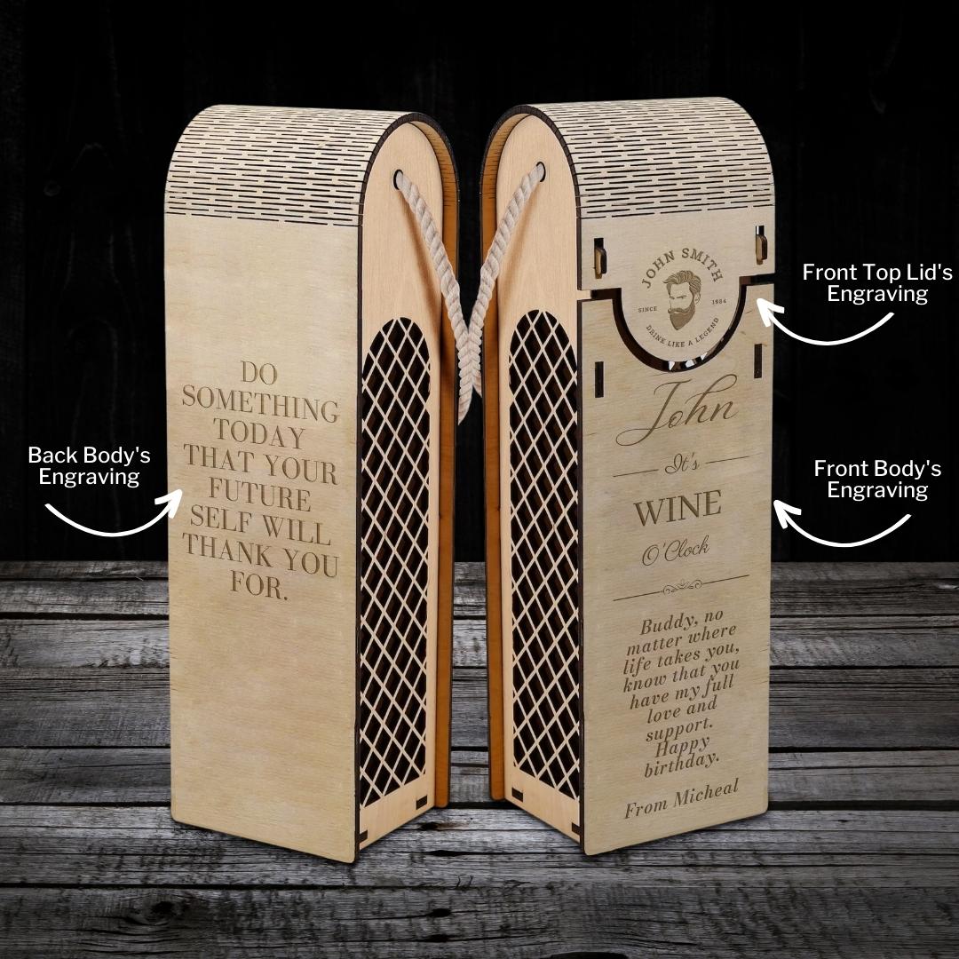 Custom Made Laser Cut & Engraved Carry Decorative Rope Handle Wooden Wine Box, Personalised Plywood/ MDF Name/ Logo Wedding, Birthday, Corporate Wine Bottle Gift Boxes