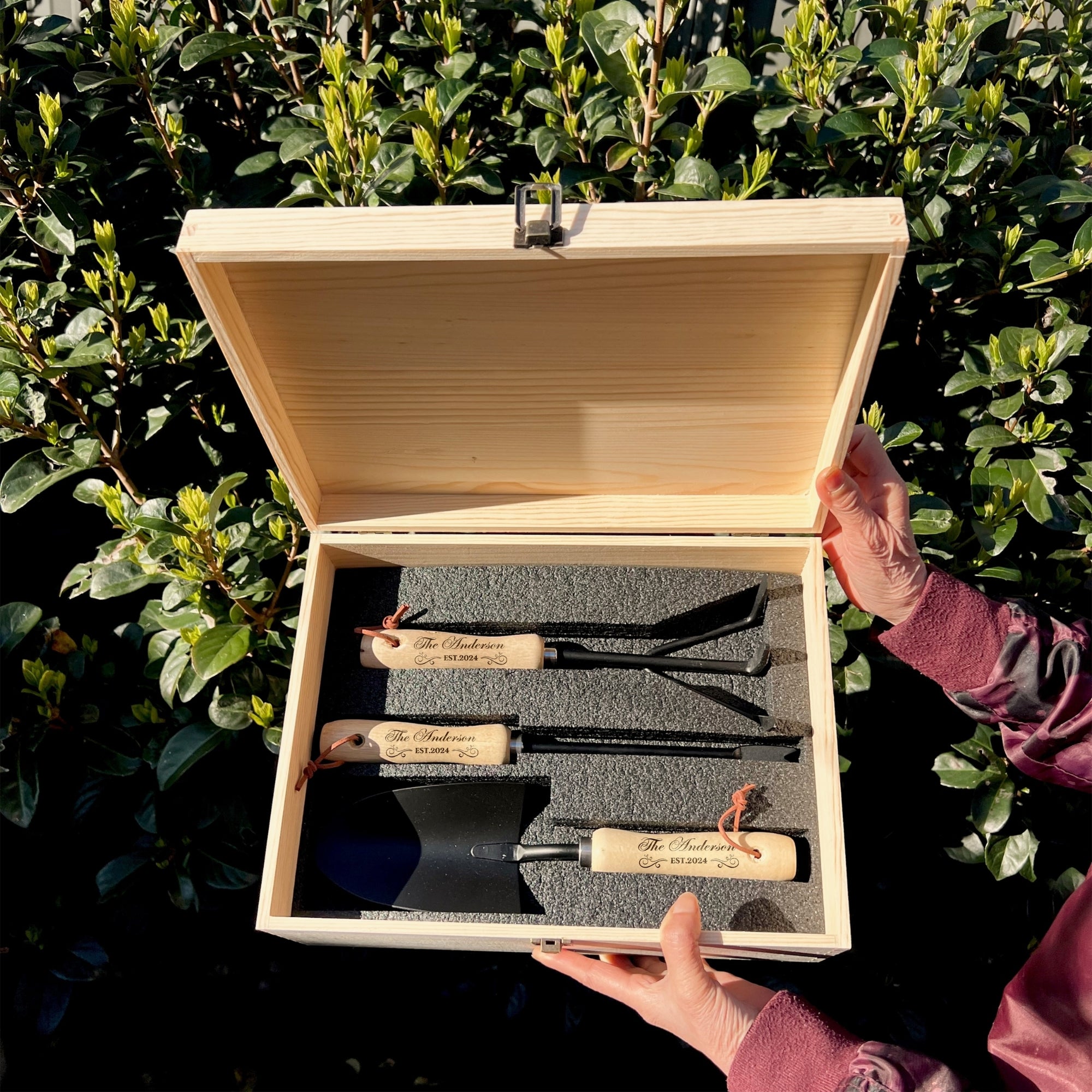 Personalised 3 Garden Tools Set &amp; Custom Engraved Wooden Box, Teacher, Anniversary, Housewarming, Wedding, Birthday, Mom Dad Christmas Gift