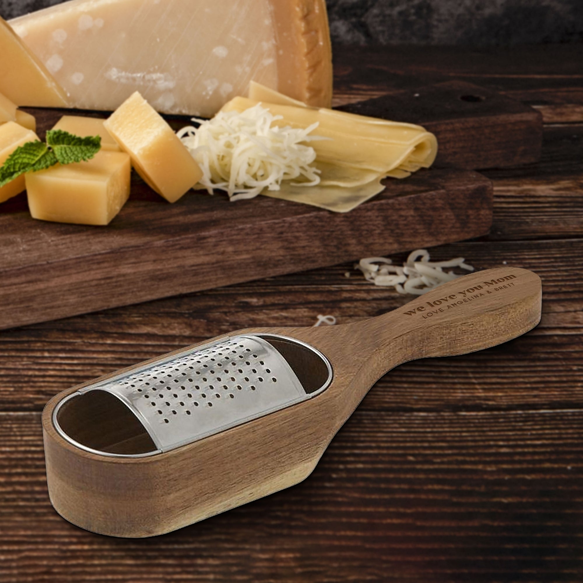 Personalised Wooden Stainless Cheese Grater &amp; Holder, Custom Engraved Shredder Box, Cheese Spoon Zester, Kitchen Utensils, Housewarming Gift