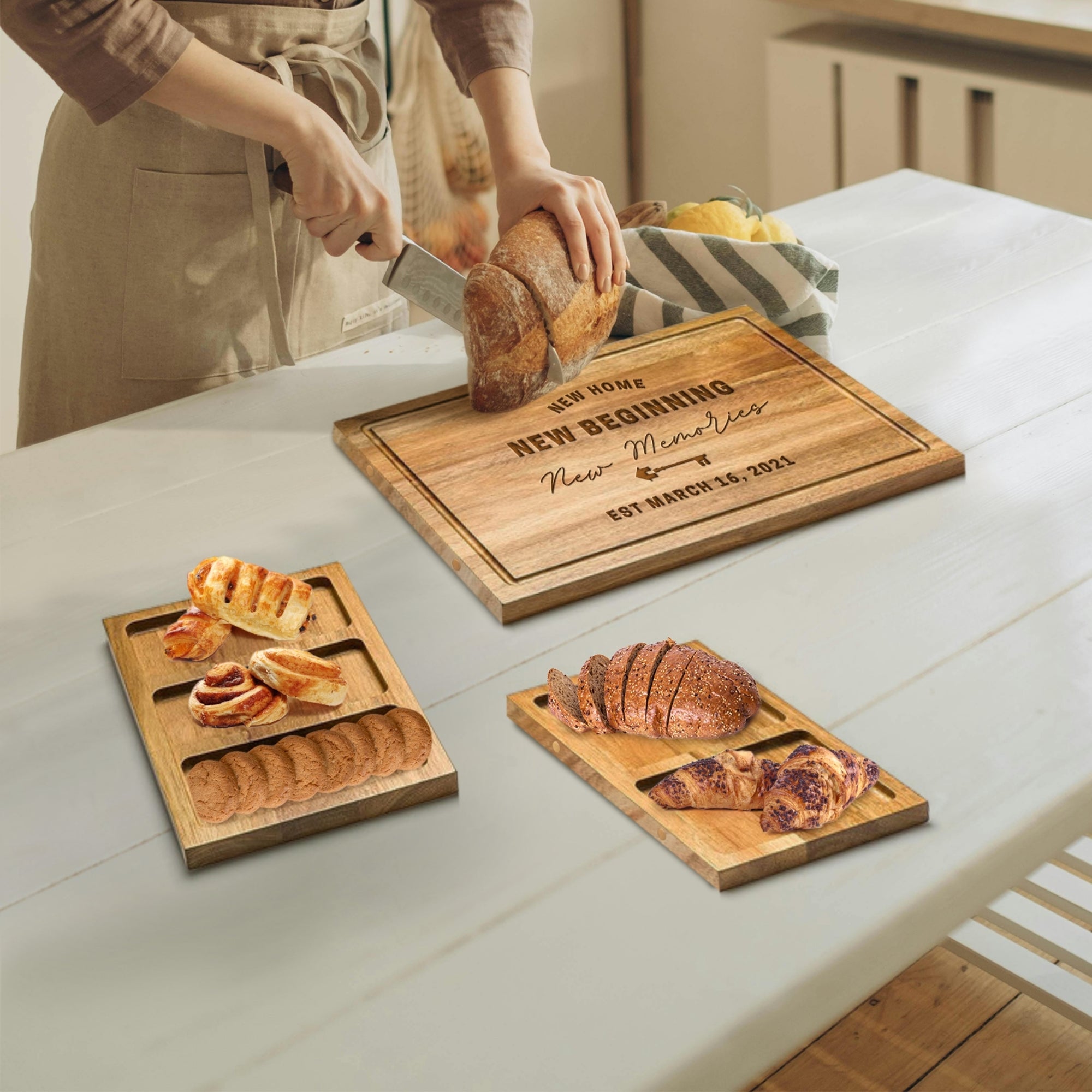 Personalised Acacia Wooden Magnetic Chopping Board &amp; Trays, Custom Engraved Cheese Charcuterie Serving Platter, Housewarming, Corporate Gift