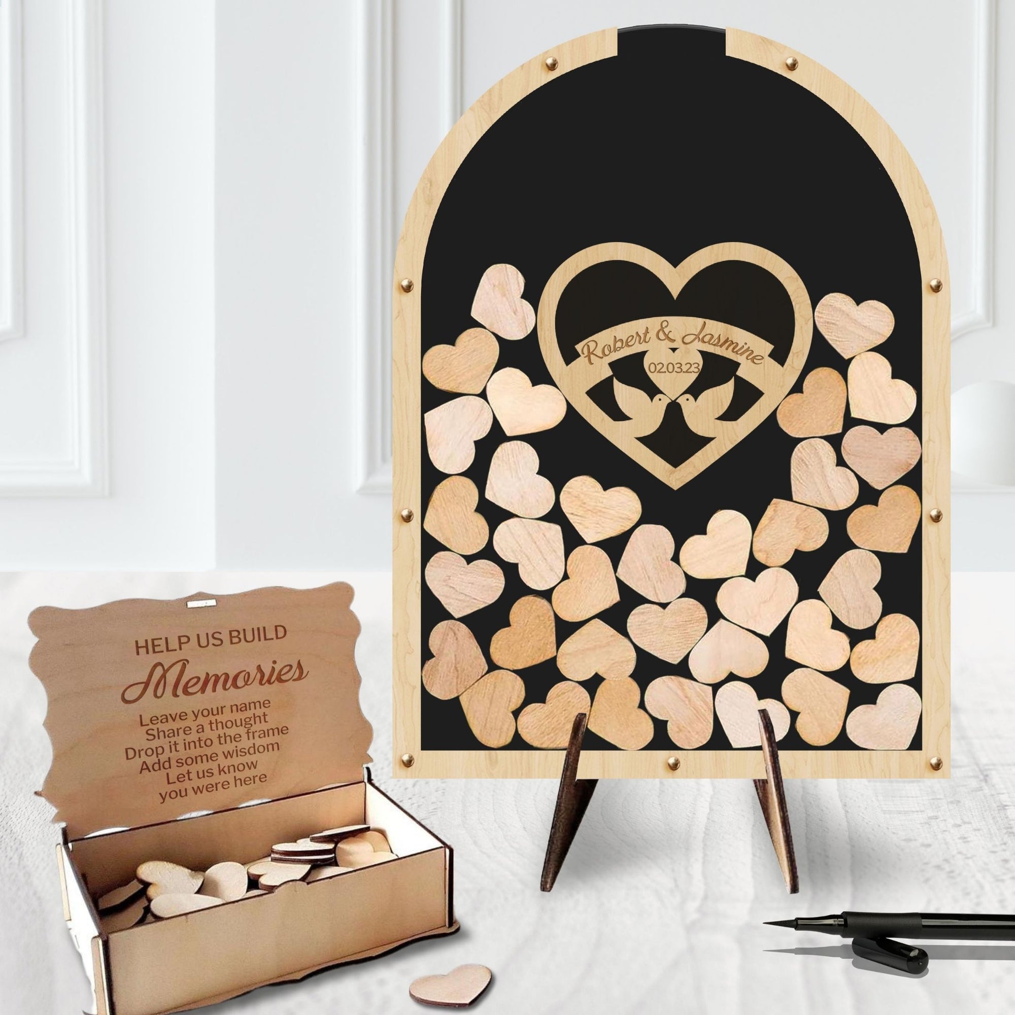 Custom Made Plywood &amp; Acrylic Arch Shape Wedding Heart Chips Drop Box, Rustic Personalised Guest Book Alternative, Stationery Table Decor