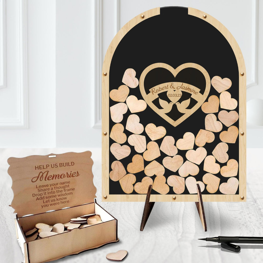 Custom Made Plywood & Acrylic Arch Shape Wedding Heart Chips Drop Box, Rustic Personalised Guest Book Alternative, Stationery Table Decor