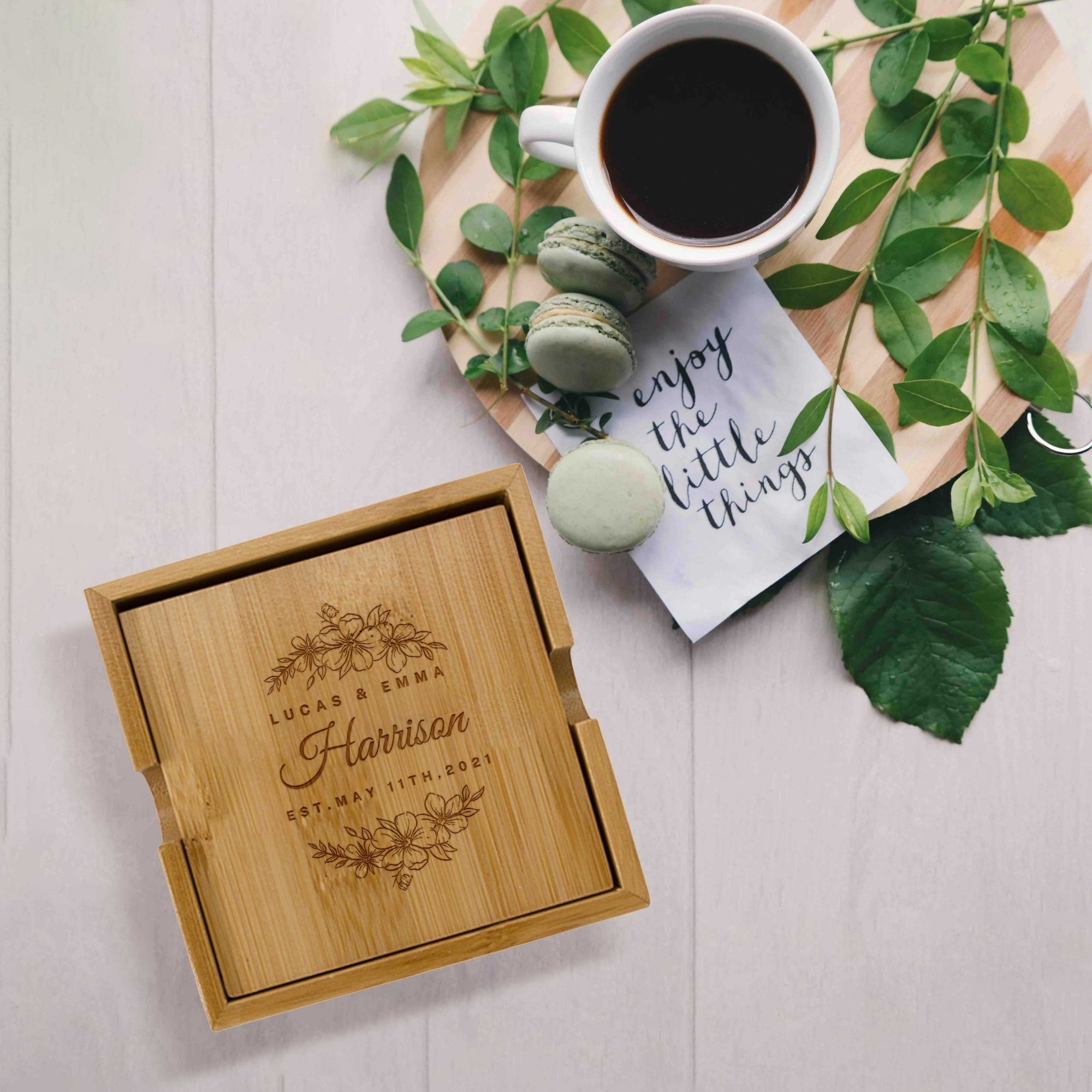 Personalised Set of 4 Bamboo Coasters, Custom Engraved Logo Drink Mat Teacher/ Wedding/ Anniversary / Housewarming/ Birthday/ Corporate Gift