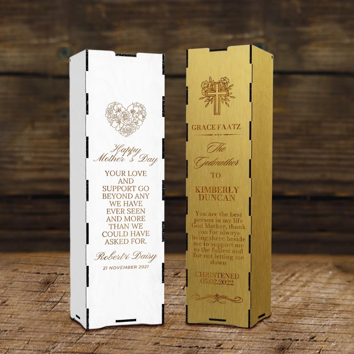 Custom Made Laser Cut &amp; Engraved Wooden Wine Box, Personalised Plywood/ MDF Name/ Logo Wedding, Birthday, Corporate Wine Bottle Gift Boxes