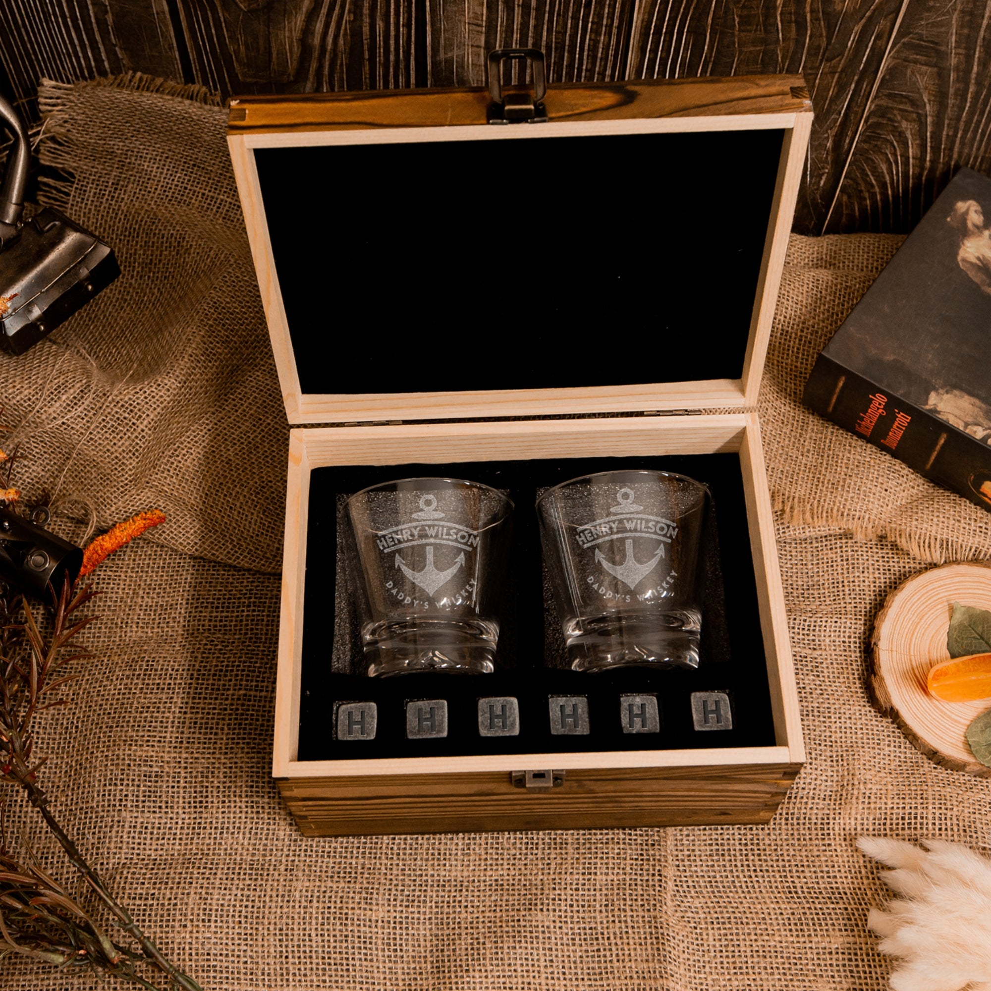 Custom Engraved Whiskey Wooden Box - 2 Mountain Scotch Glasses & 6 Rock Ice Stones, Personalised Barware Set, Groomsman Father Birthday Gift