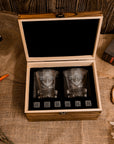 Custom Engraved Whiskey Wooden Box - 2 Mountain Scotch Glasses & 6 Rock Ice Stones, Personalised Barware Set, Groomsman Father Birthday Gift