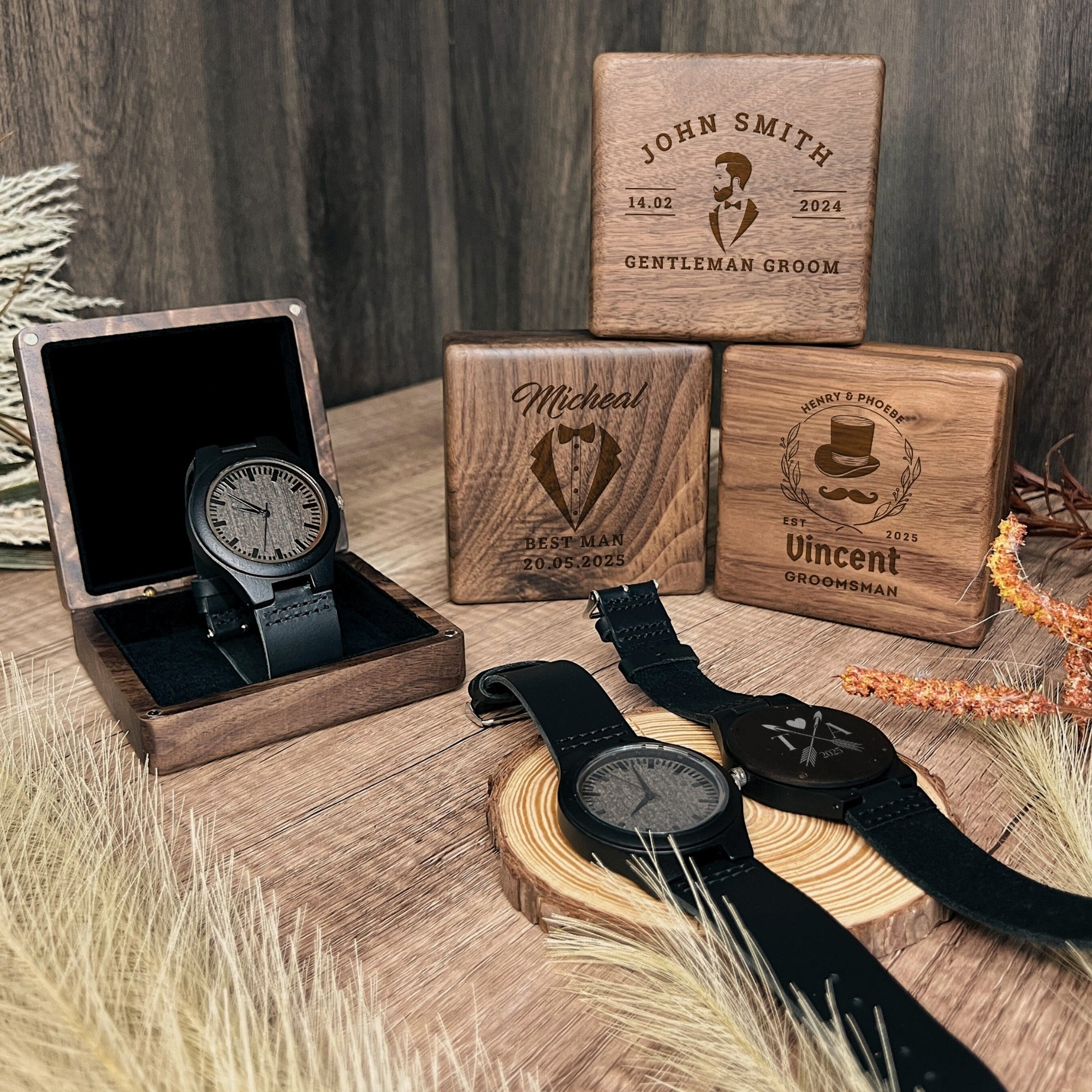 Personalised Message Wooden Watch &amp; Sketch Photo Walnut Box Set, Custom Engraved Logo Men Accessories Storage Groomsman Dad Anniversary Gift