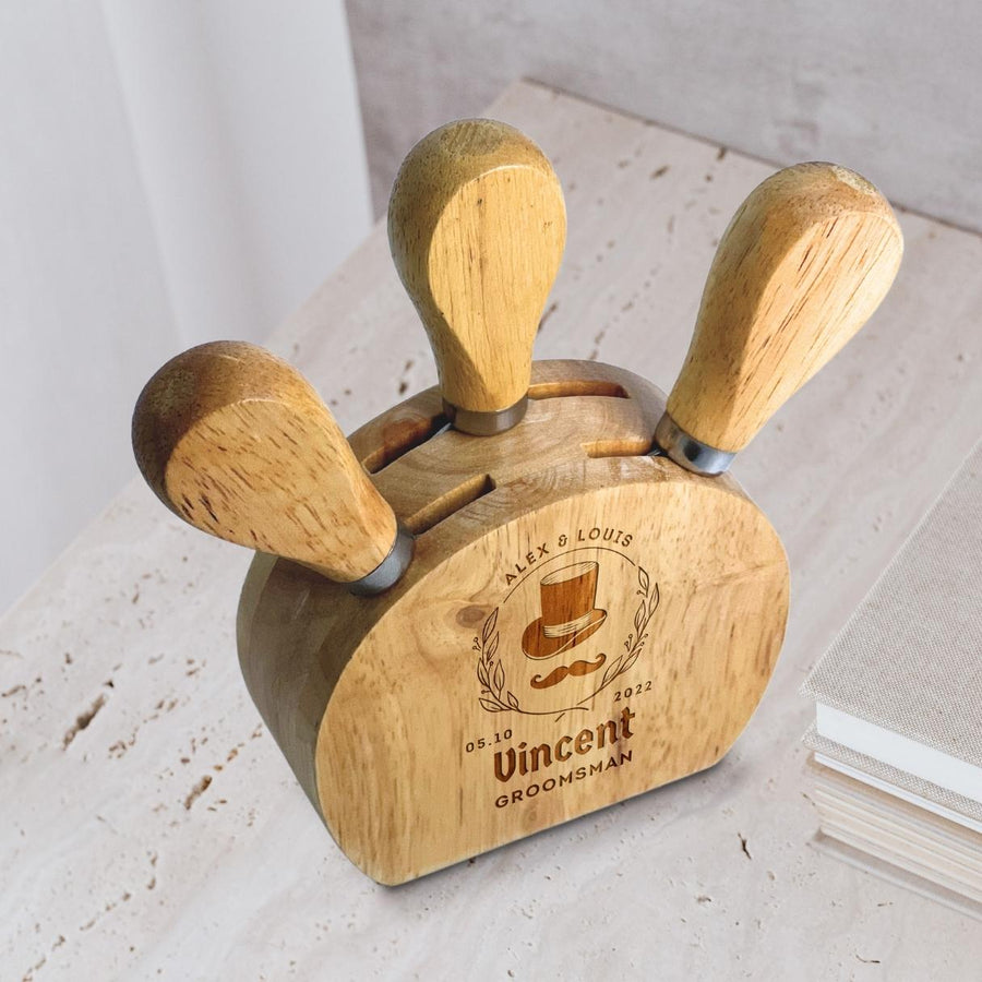 Personalised 4 Piece Wooden Cheese Knife Block Set, Engraved Serving Charcuterie Platter, Wedding, Anniversary, Corporate, Housewarming Gift