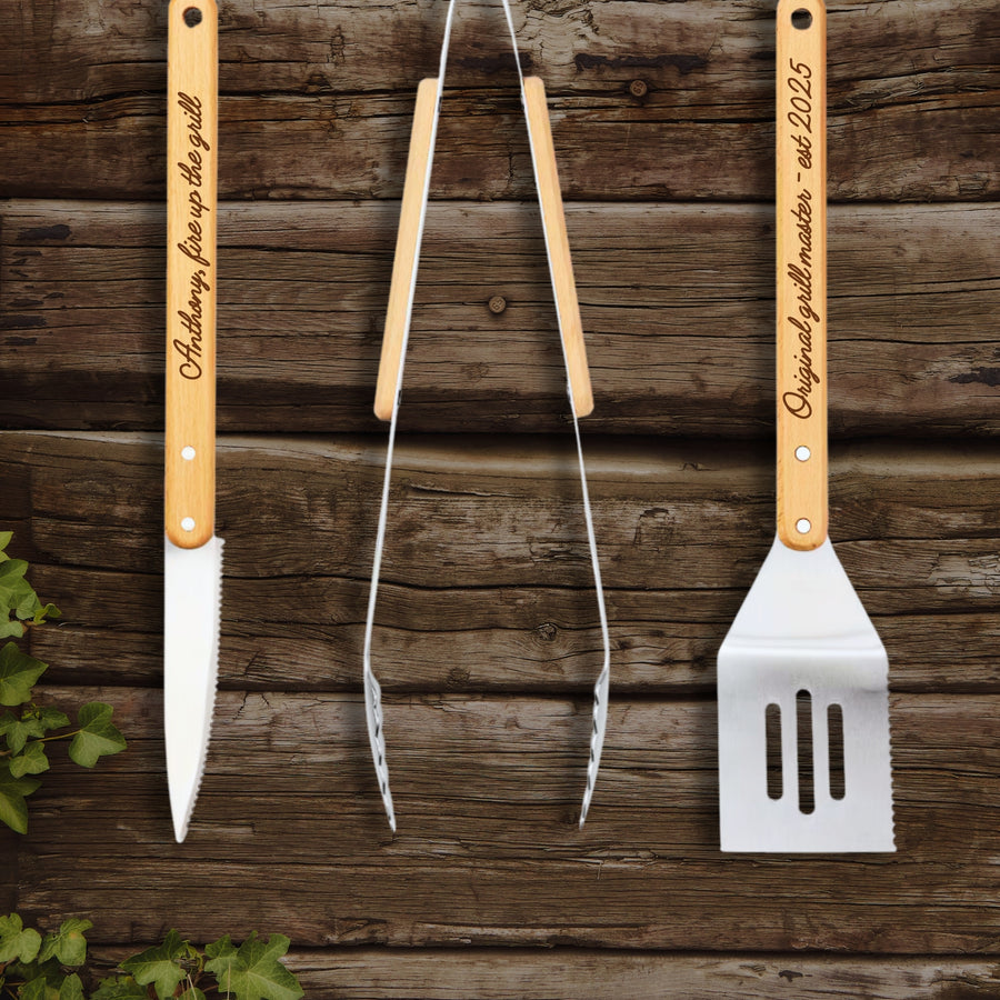 Personalised BBQ Tools Gift Set, Custom Engraved Barbecue Tongs, Knife, Spatula, Grill Master, Dad, Groomsman, Housewarming, Corporate Gift