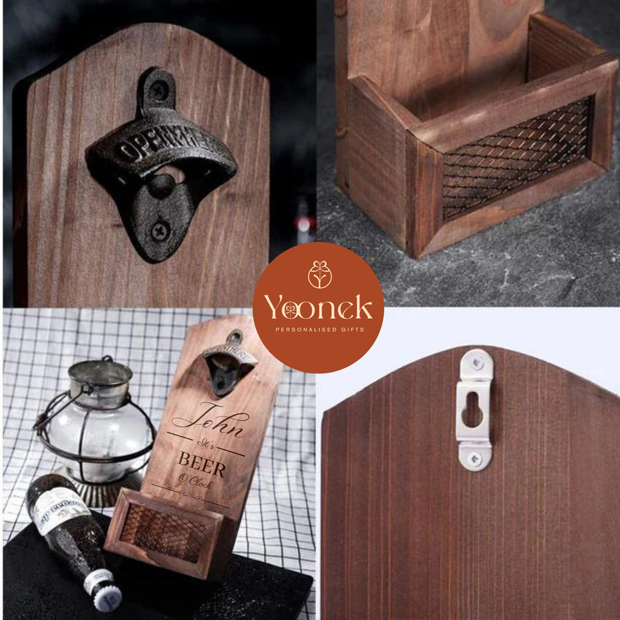Custom Engraved Wooden Beer Bottle Opener & Cap Catcher/ Collector, Personalised Name Logo, Father's Day, Christmas, Groomsmen Gift for Him
