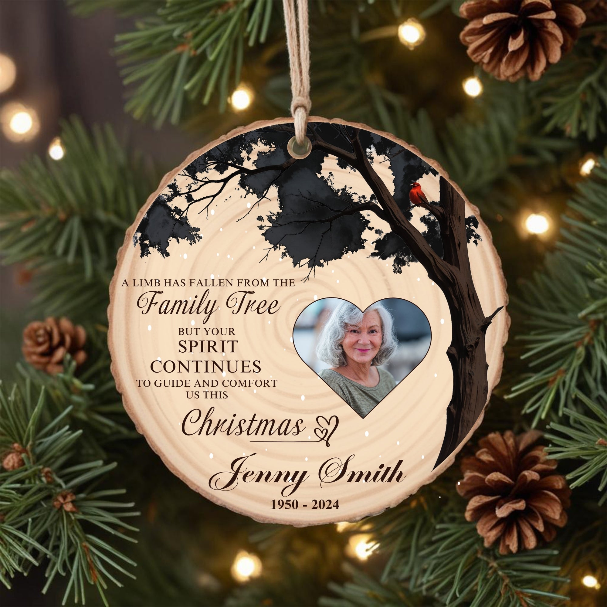 Personalised Remembering Family Tree Photo Christmas Wood Slice Ornament, Custom Name Memorial Image Bauble UV Print Pet Gift Tag Xmas Decor