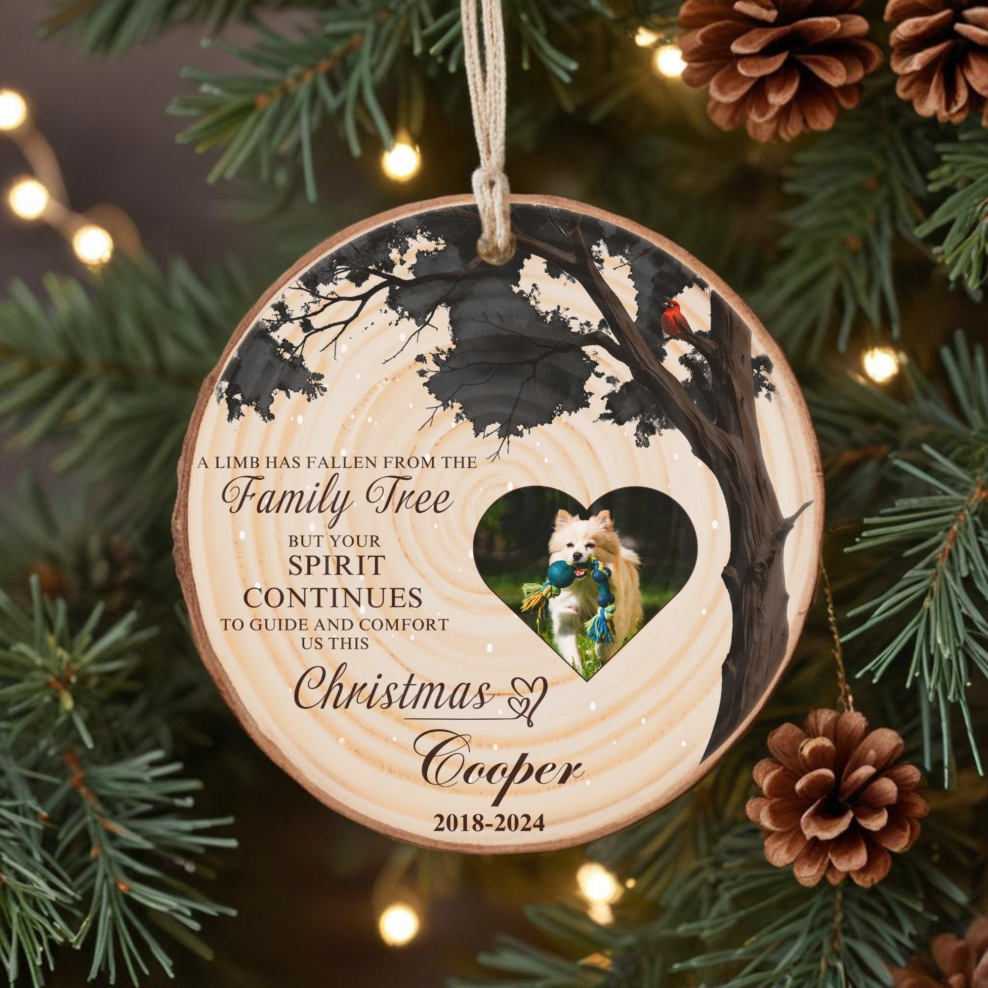 Personalised Remembering Family Tree Photo Christmas Wood Slice Ornament, Custom Name Memorial Image Bauble UV Print Pet Gift Tag Xmas Decor