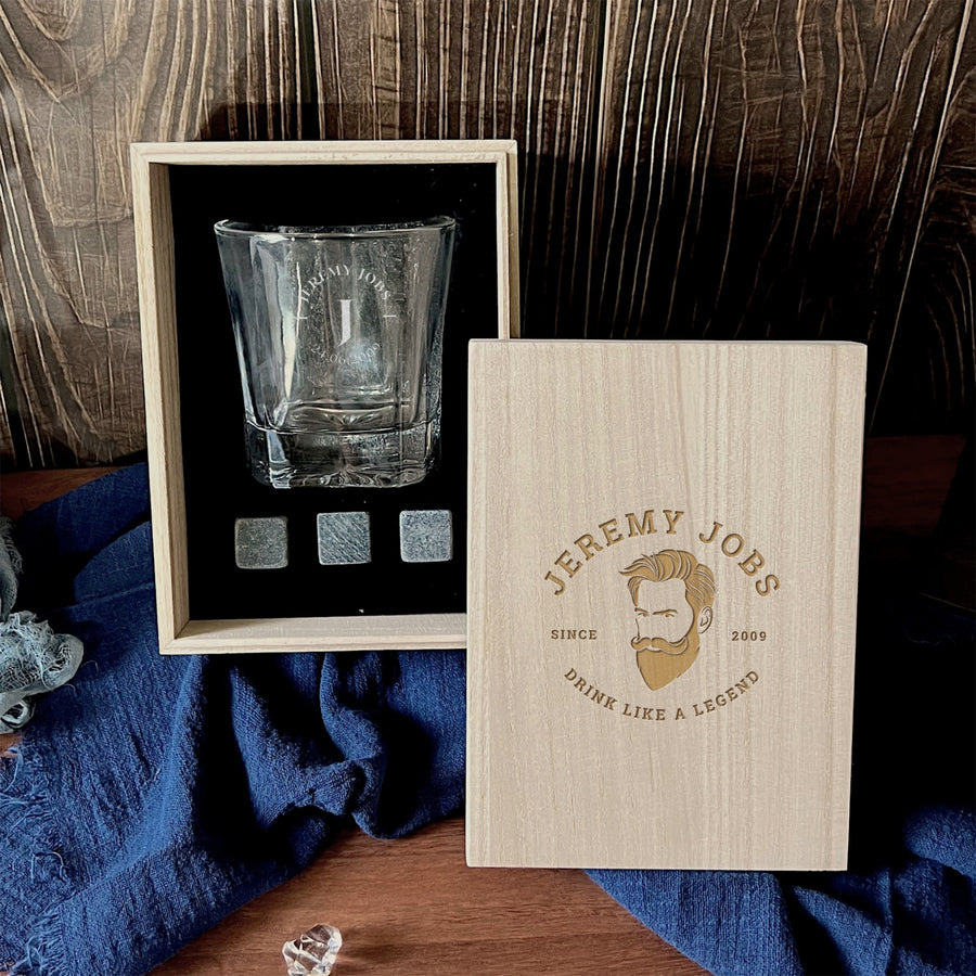 Personalised Wooden Whiskey Gift Box, Star Patterned Base Glass Ice Stones Coaster, Custom Engraved Wedding Barware Set, Dad, Corporate Gift