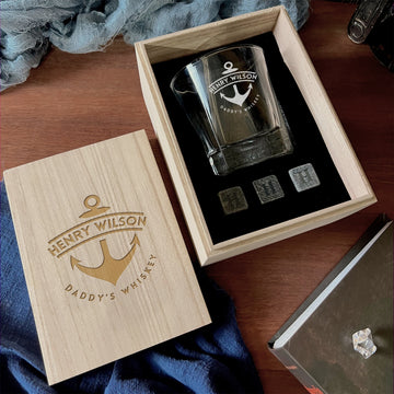 Personalised Wooden Whiskey Gift Box, Star Patterned Base Glass Ice Stones Coaster, Custom Engraved Wedding Barware Set, Dad, Corporate Gift