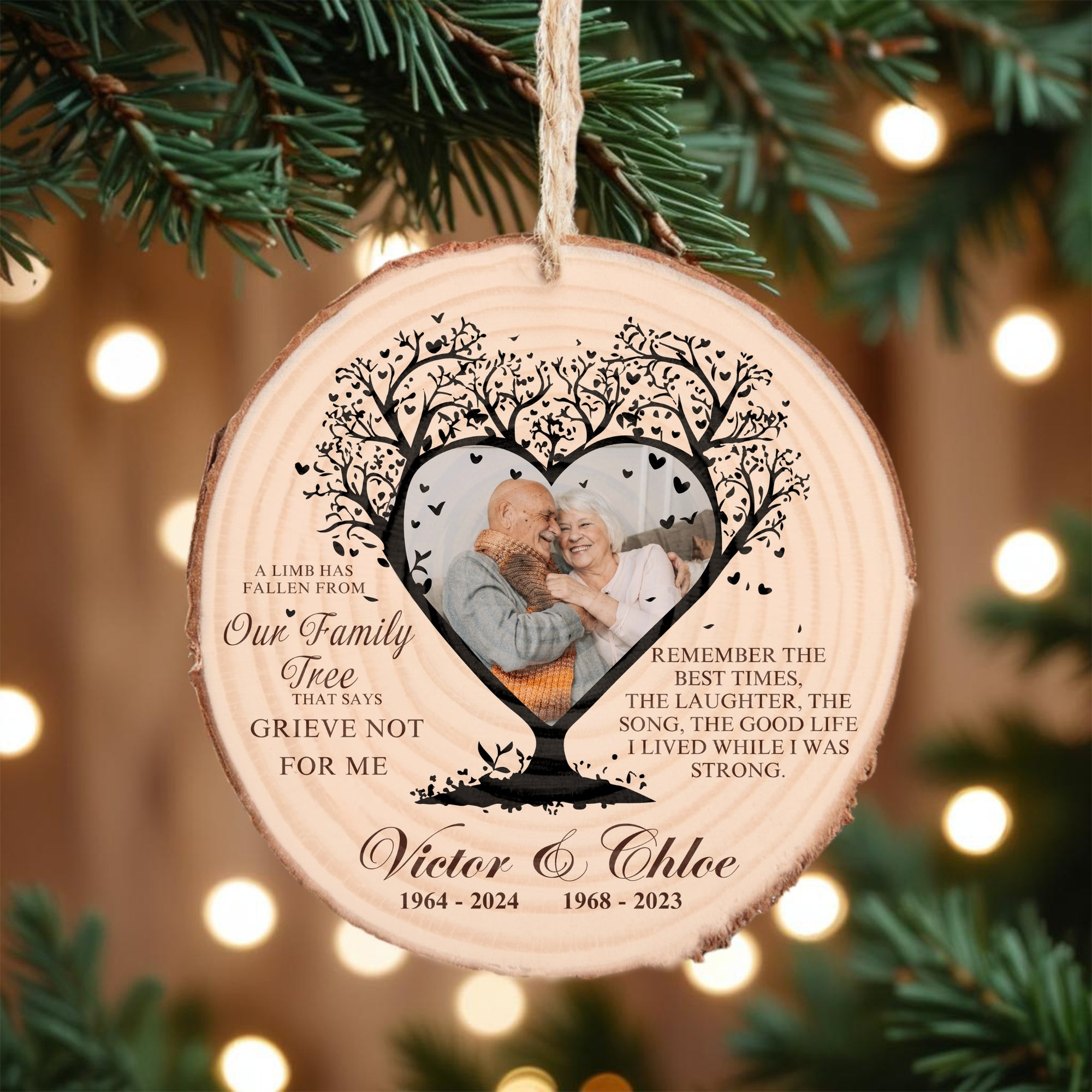 Personalised Remembering Family Tree Branch Heart Photo Christmas Wood Slice Ornament, Custom Memorial Pet Image Bauble, Xmas Gift Tag Decor