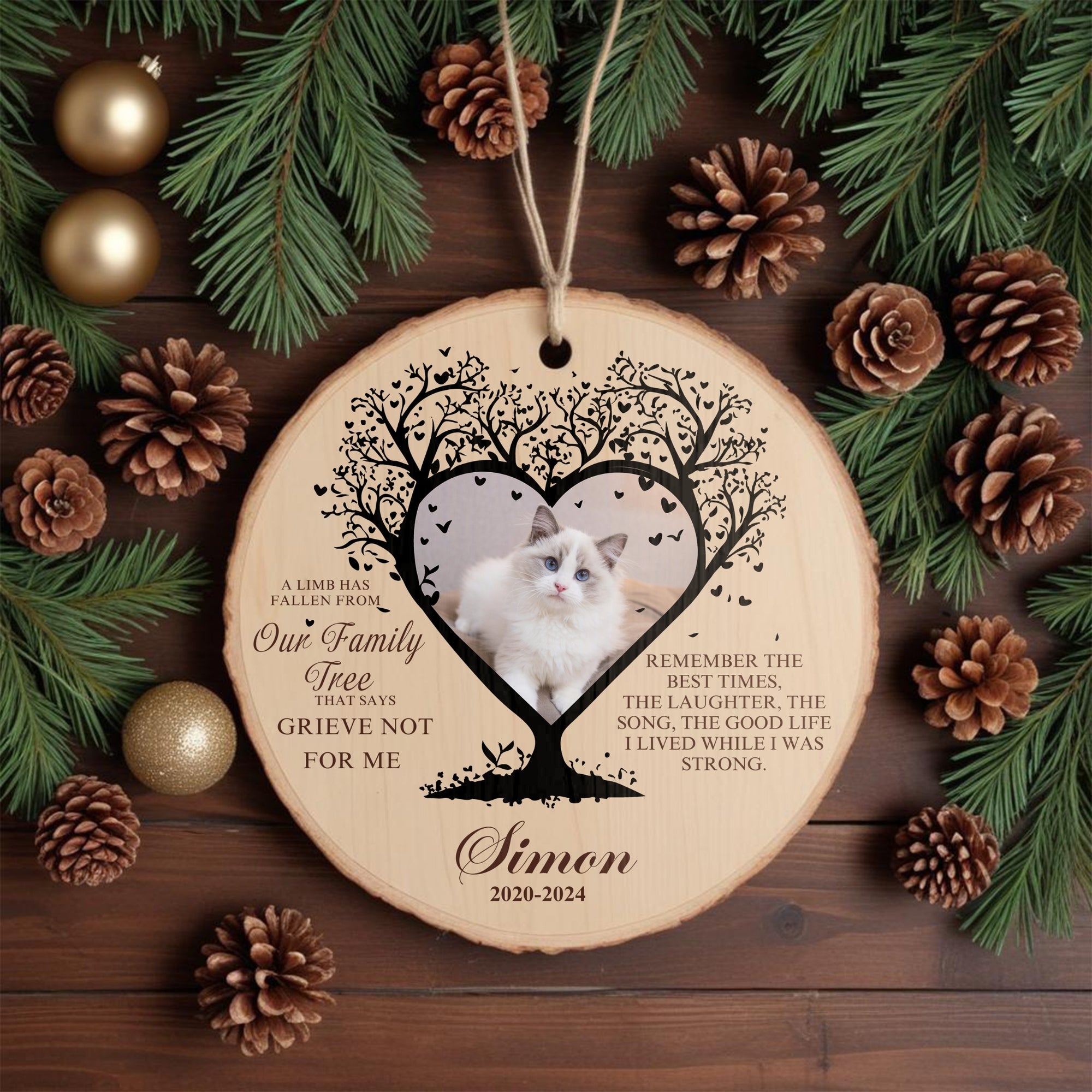 Personalised Remembering Family Tree Branch Heart Photo Christmas Wood Slice Ornament, Custom Memorial Pet Image Bauble, Xmas Gift Tag Decor