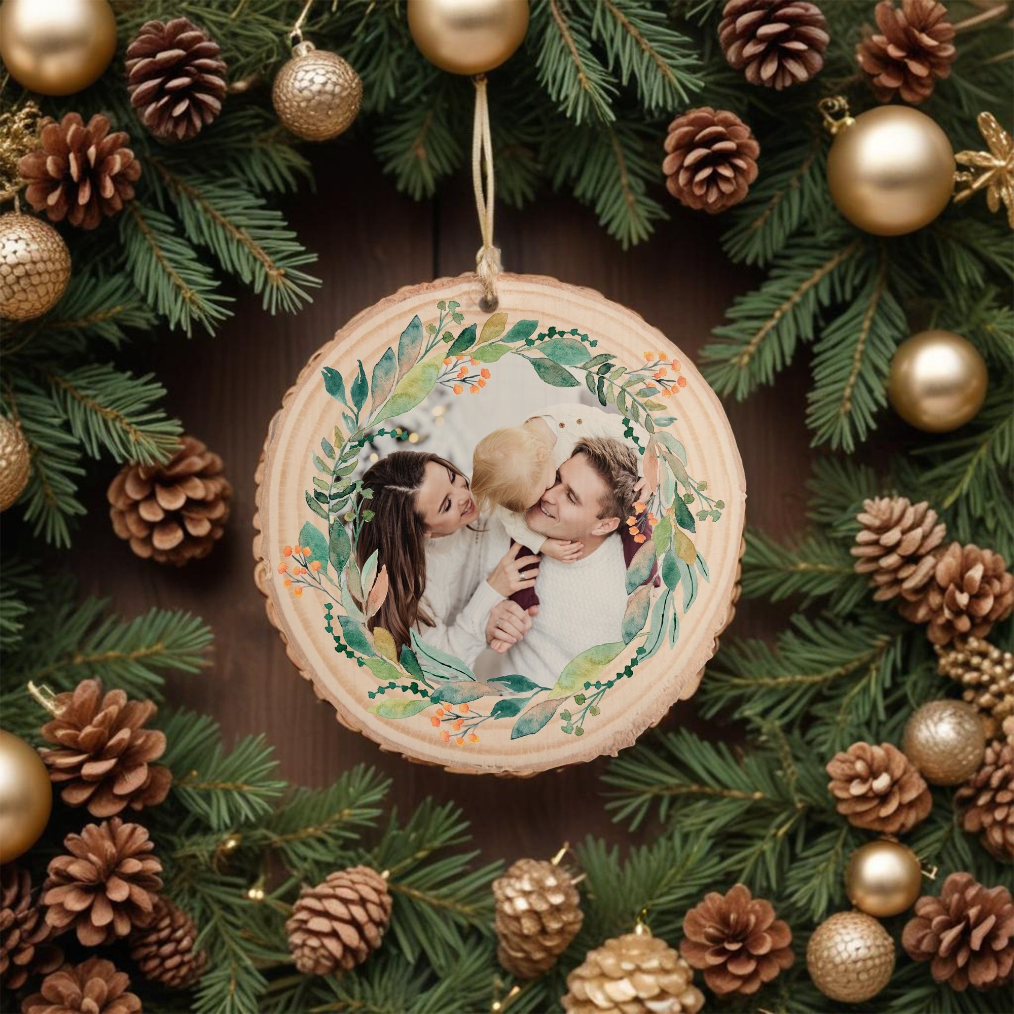 Personalised Wood Slice Family Photo Tree Ornament, Custom Name First Christmas, Married Couple, Engagement, New Home Bauble Gift Tag Decor