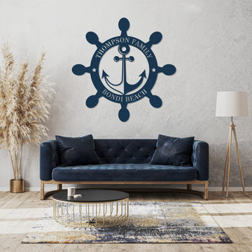 Personalised Family Name Sea Anchor Sign, Customised Nautical Wall Art, Hampton Beach House Decor, Ship's Wheel Hoop, Sailor Graduation Gift
