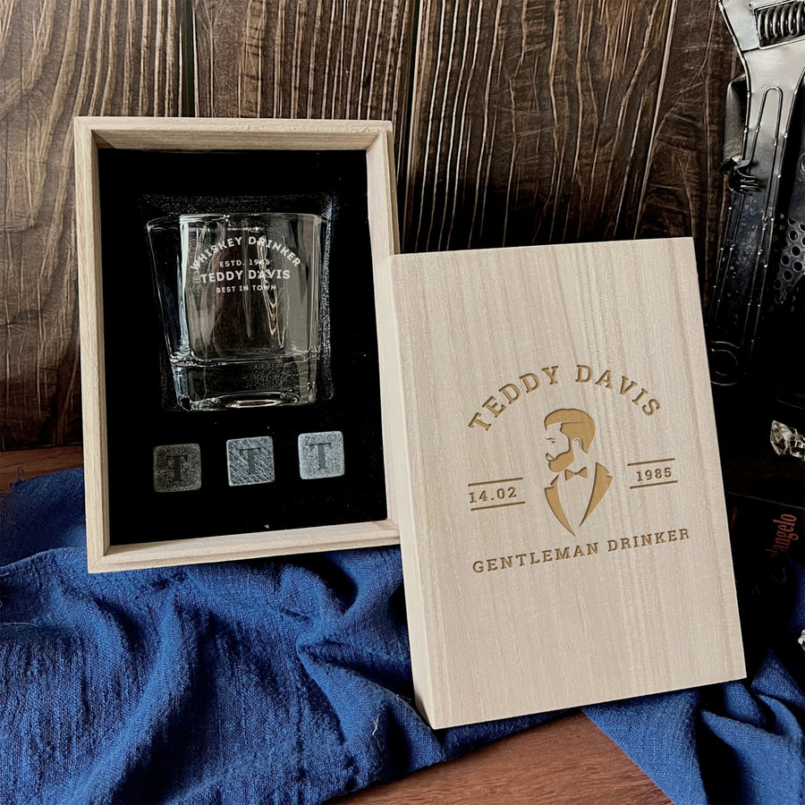 Personalised Wooden Whiskey Box, Scotch Glass, Ice Stones, Coaster, Custom Engraved Barware Set, Groomsman, Dad, Birthday, Corporate Gift 
