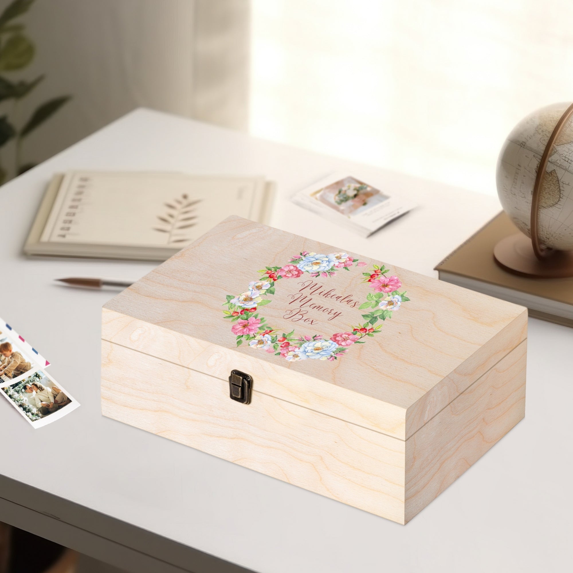 Personalised Printed Floral Wooden Keepsake Box, Custom UV Printed Memory Wedding Treasure Storage, Anniversary, Mother&#39;s Day, Birthday Gift