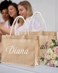 Personalised Name Jute Carry Tote, Custom Print Eco Travel, Shopping, Beach Burlap Bag, Hens Party, Bridesmaid Birthday Gift Wedding Favour 