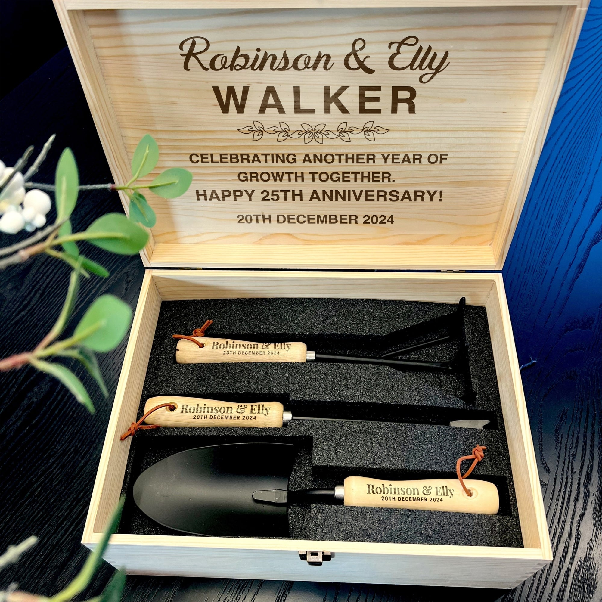 Personalised 3 Garden Tools Set &amp; Custom Engraved Wooden Box, Teacher, Anniversary, Housewarming, Wedding, Birthday, Mom Dad Christmas Gift