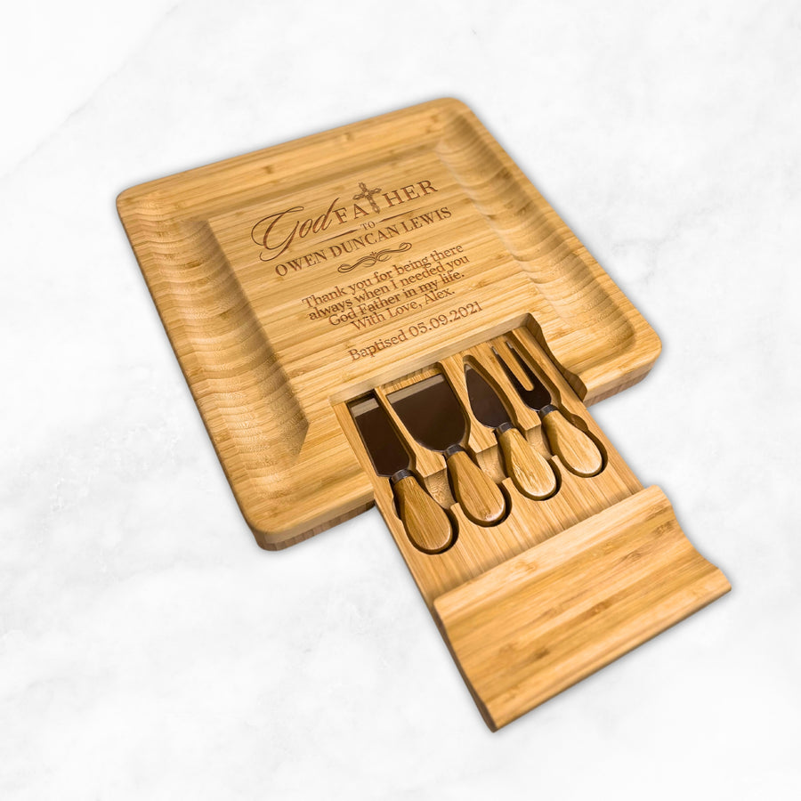 Personalised Bamboo Square Cheese Board Pull Out Knife Set, Engraved Serve Tray, Charcuterie Platter, Wedding Anniversary, Housewarming Gift