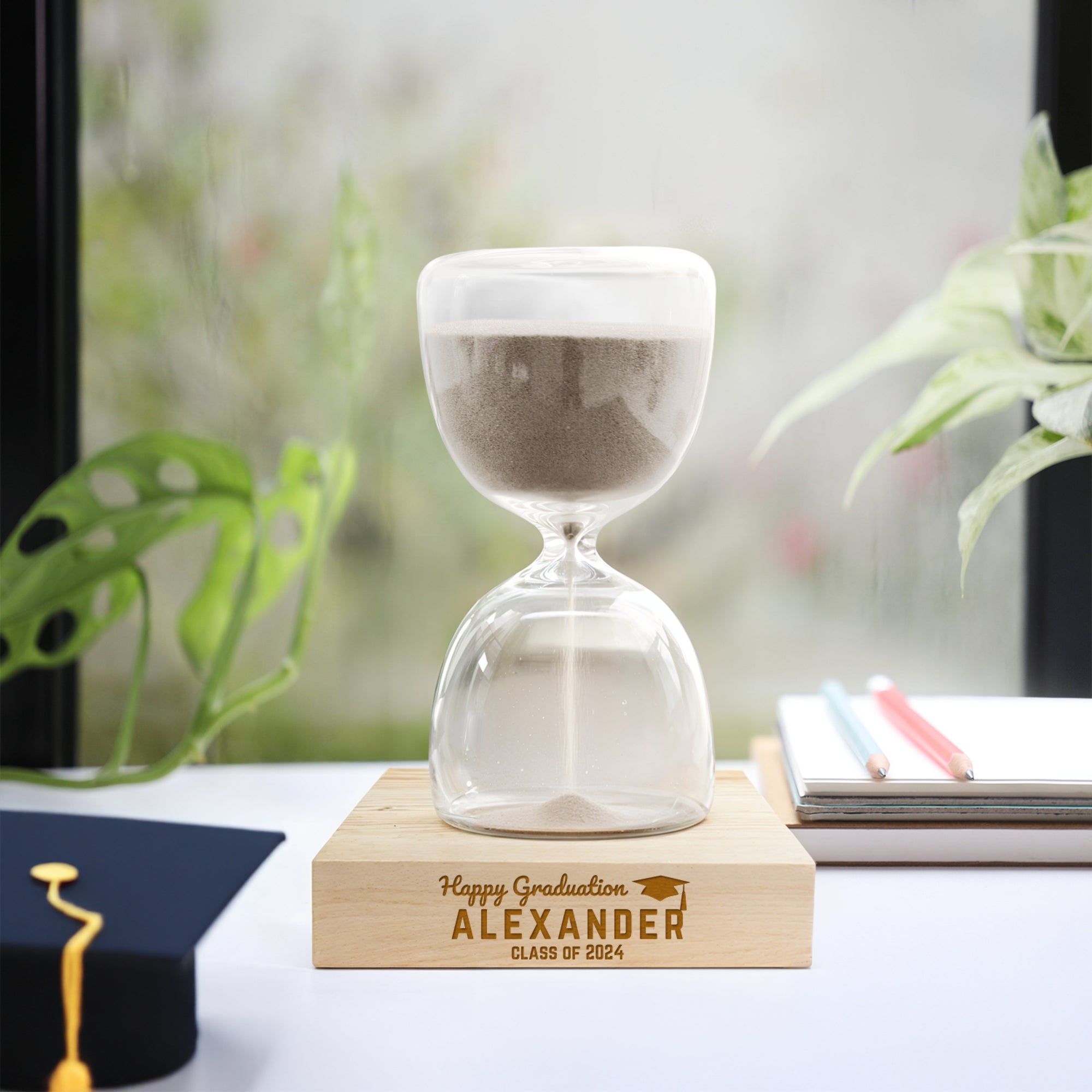 Personalised Glass Hourglass Timer with Wooden Base