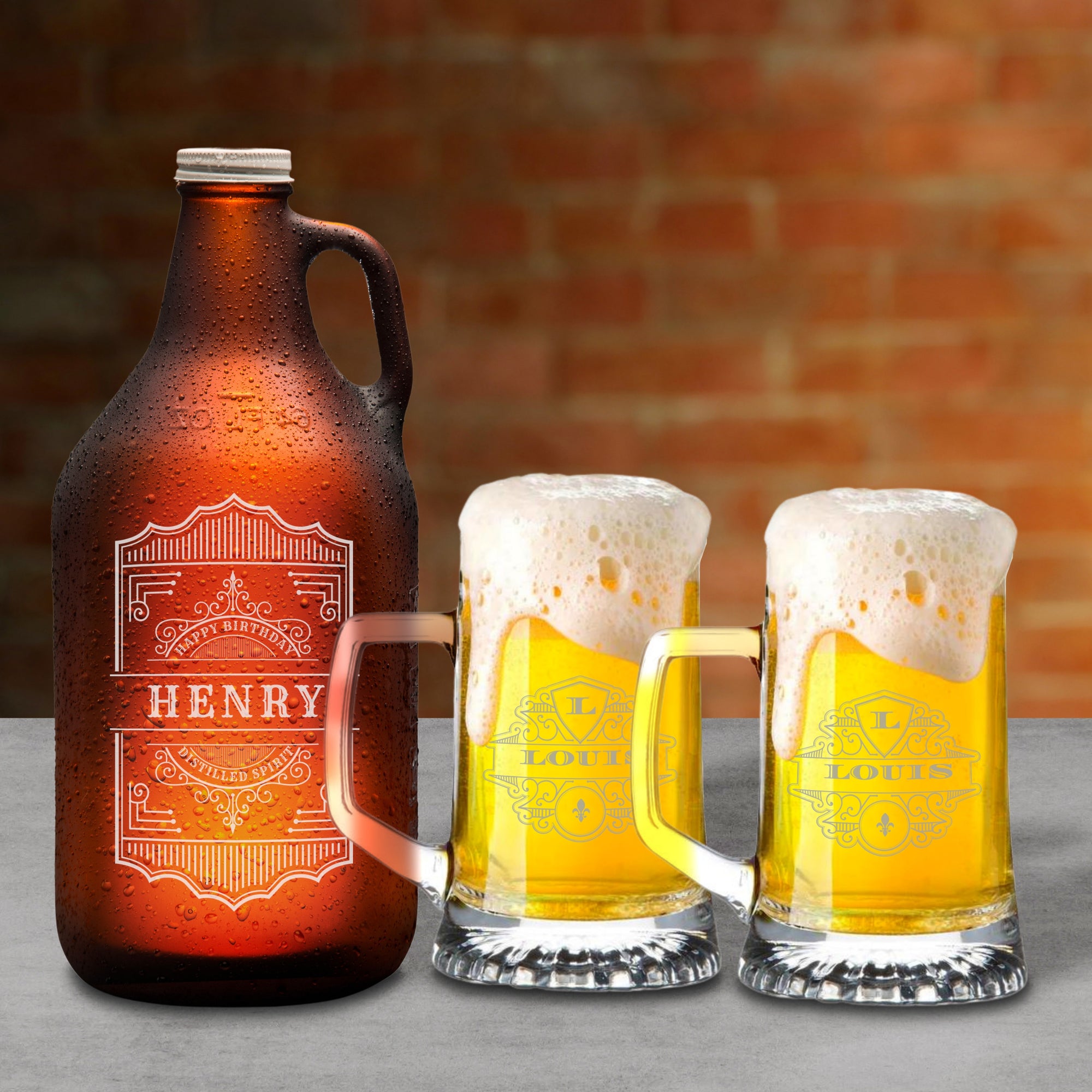 Personalised 1.9L Amber Glass Craft Beer Growler &amp; 2 Italian Tankard Mugs, Engraved Brewery Bottle &amp; Glasses, Etched Custom Logo Corporate/ Father/ Housewarming Gift, Wedding/ Groomsmen Favour
