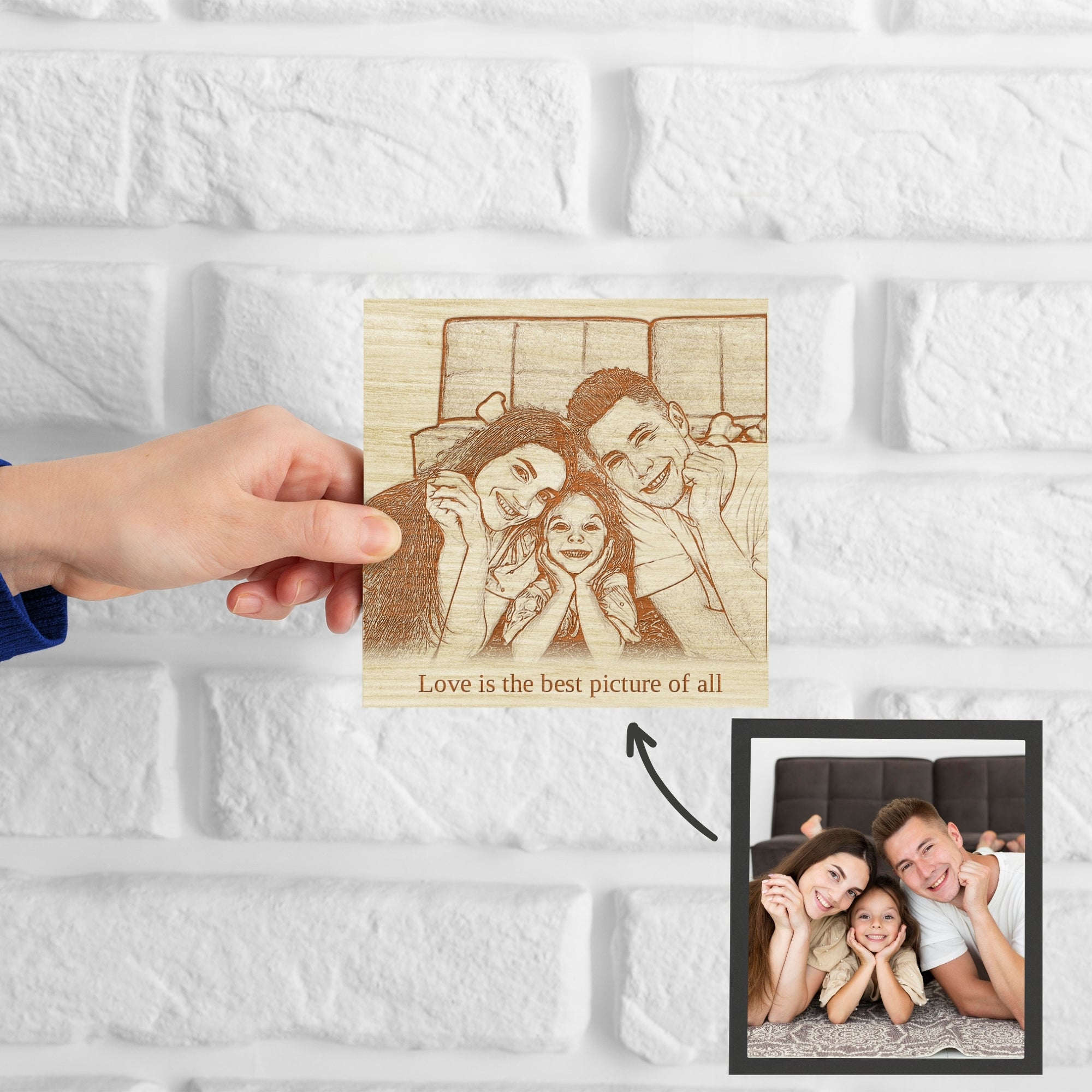 Personalised Wooden Sketch Photo Block, Custom Engraved Freestanding Table Square Display Memory, Image Gallery Wall Decor Housewarming Gift