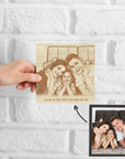 Personalised Wooden Sketch Photo Block, Custom Engraved Freestanding Table Square Display Memory, Image Gallery Wall Decor Housewarming Gift