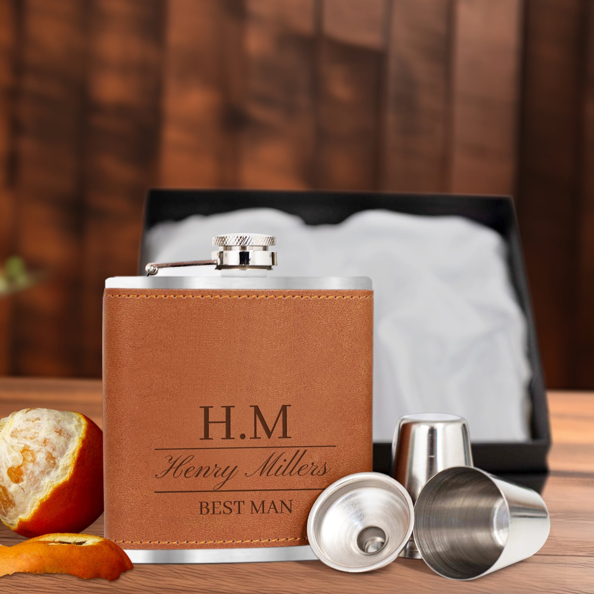 Personalised Tan Leatherette Stainless Steel 7oz Hip Flask, Funnel, Shot Glasses Set Custom Engraved Logo Groomsman, Dad, Corporate Gift Box