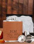 Personalised Tan Leatherette Stainless Steel 7oz Hip Flask, Funnel, Shot Glasses Set Custom Engraved Logo Groomsman, Dad, Corporate Gift Box